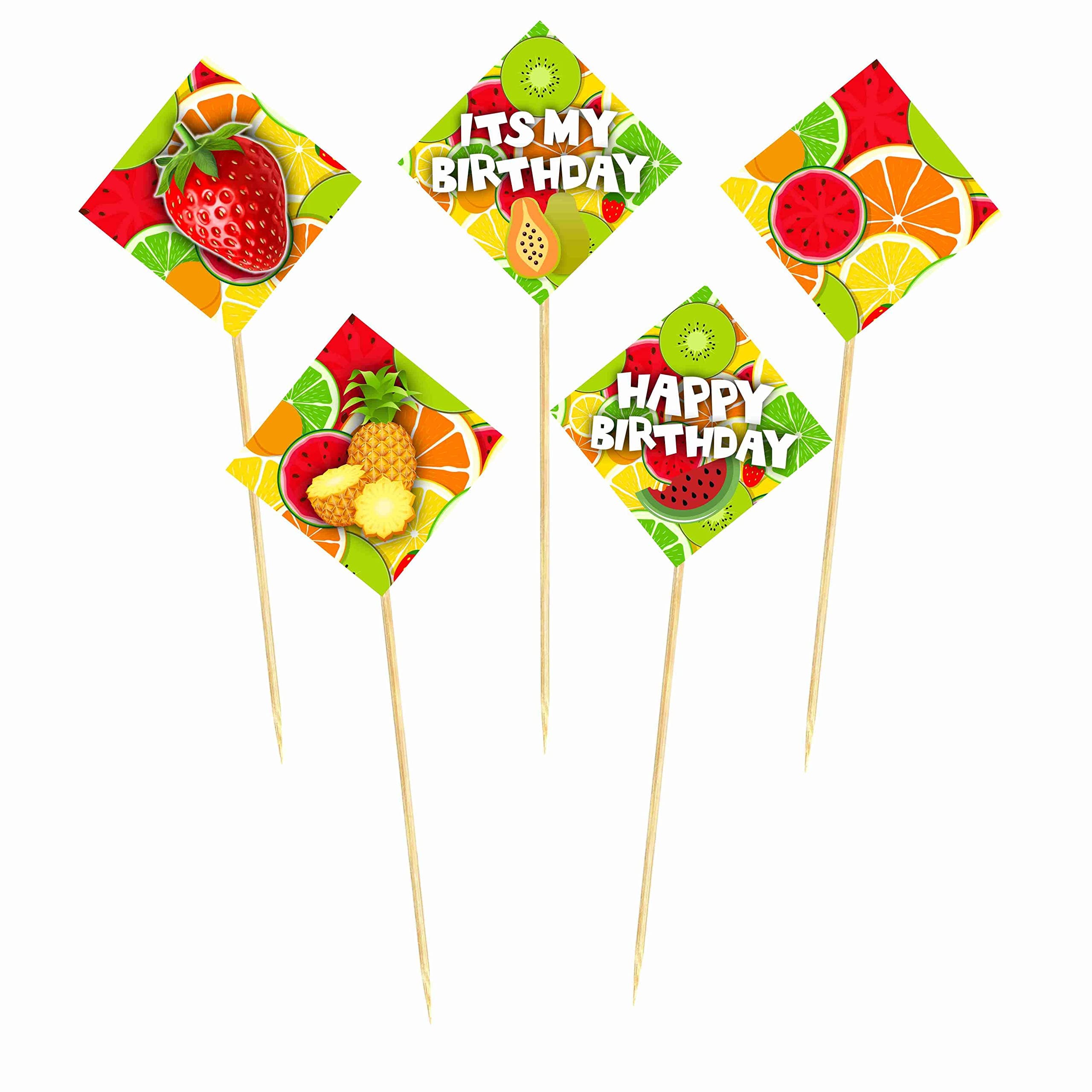 Balloonistics Fruit Theme Happy Birthday Cake Toppers (Pack of 10) - Sweet "Tutti Frutti" Birthday Cake Decorations - Cardstock Dessert Picks for Kids & Summer Parties thumbnail 2