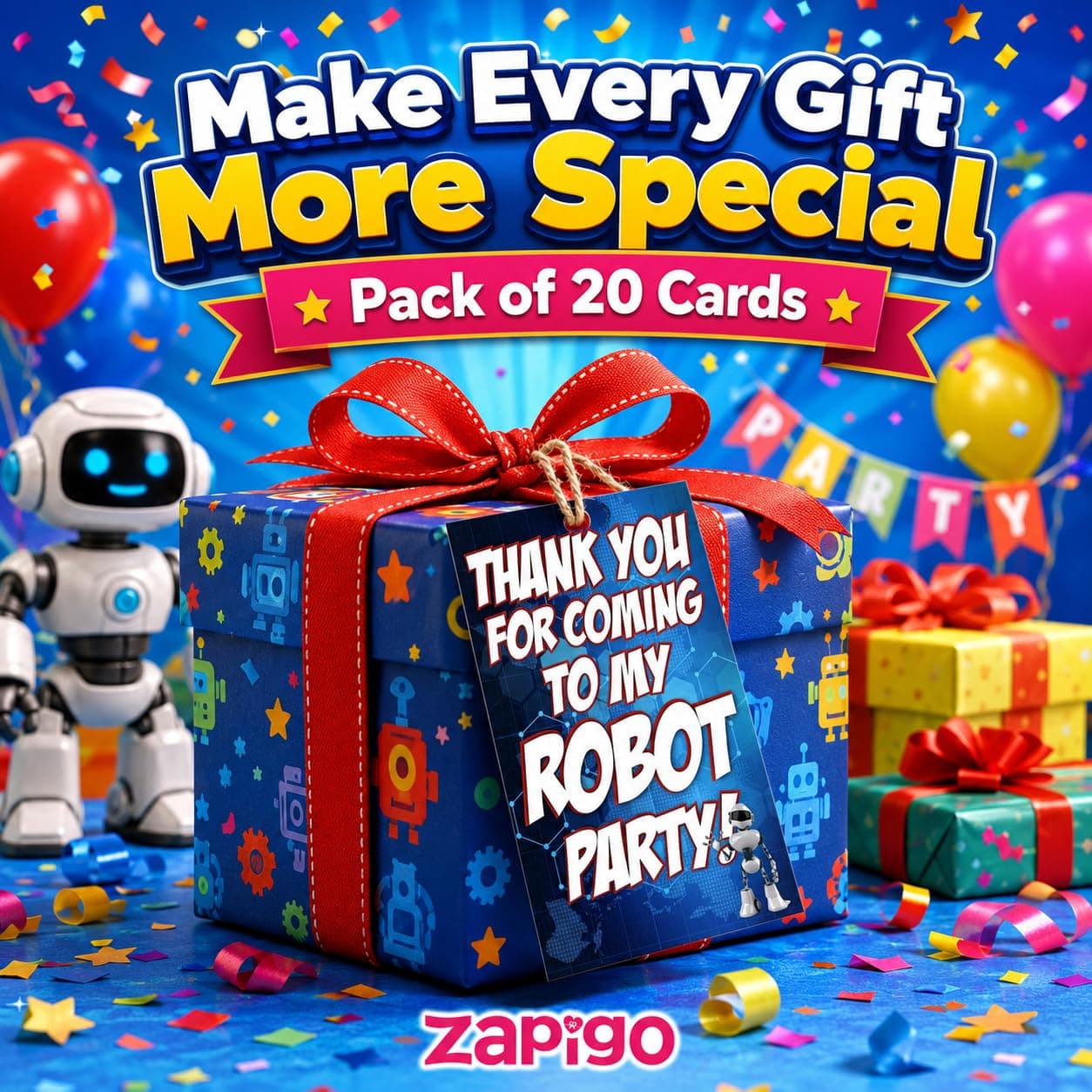 Balloonistics Robot Theme Thank You Cards - Pack of 20 Double-Sided Cardstock Note Cards - Futuristic Sci-Fi Party Stationery for Kids, Boys & STEM Birthdays - Gear-Shaped Appreciation Cards with Fill-in Details (Thank you Cards - Pack of 20) thumbnail 8