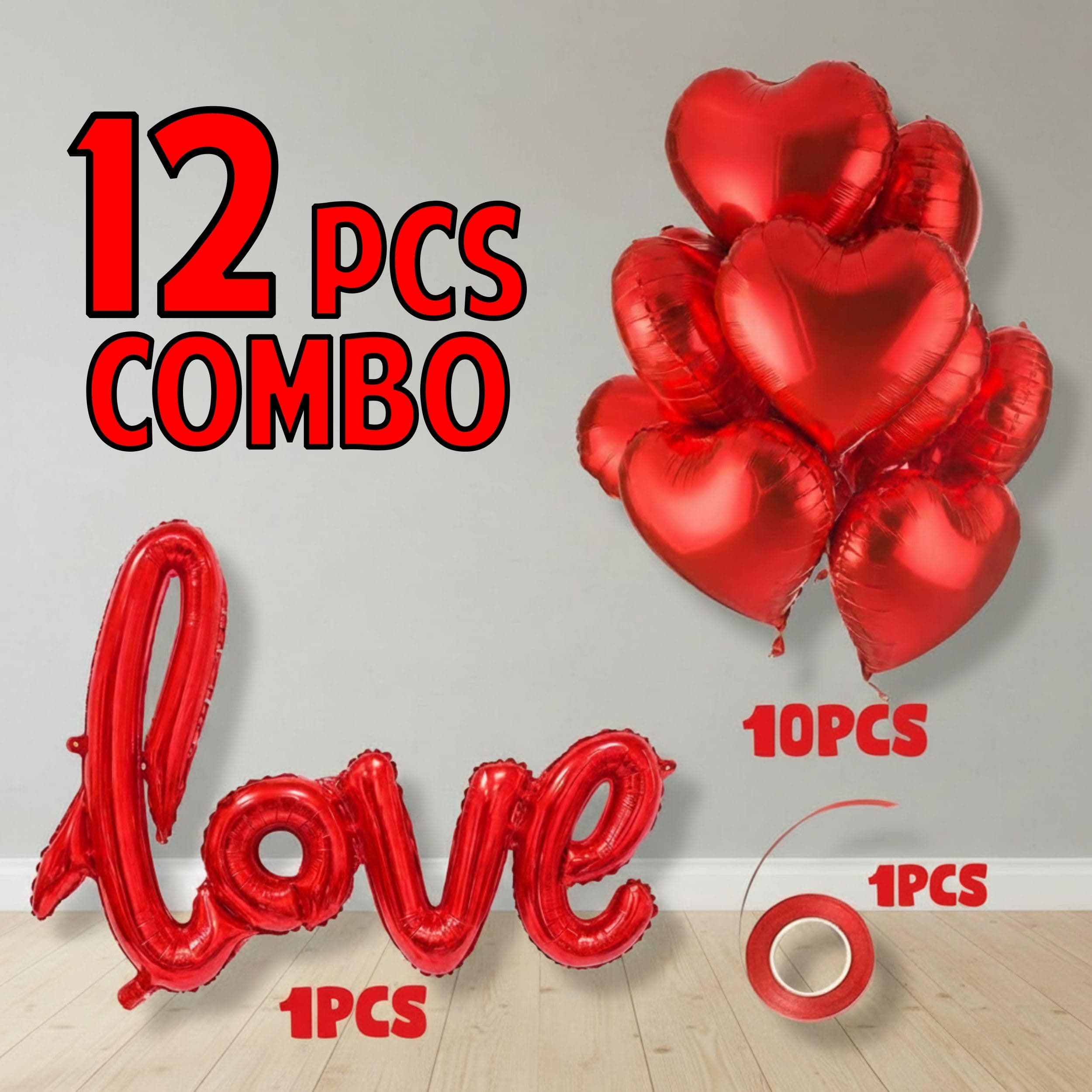 Balloonistics Romantic Love Decoration Kit - 12 Pcs Red Heart & Love Foil Balloon Set - Perfect for Valentine’s Day, Anniversaries & Proposals thumbnail 3