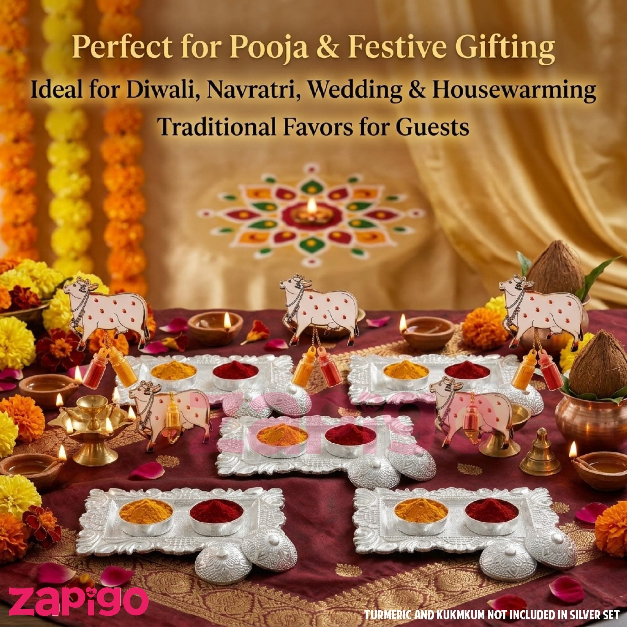 Habba Cow Design Haldi Kumkum Set with Silver Kumkum Holder, Traditional Pasupu Kumkum Gift Set for Pooja, Diwali, Navratri, Wedding, Housewarming & Tambulam Return Gifts for Women - Pack of 10 thumbnail 3