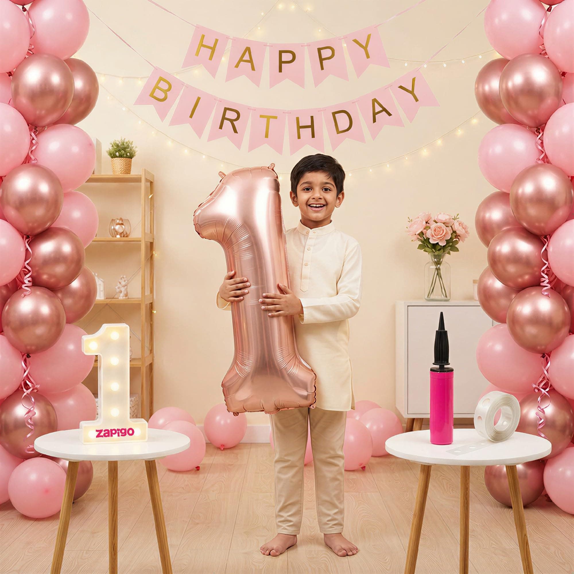 Balloonistics 1st Birthday Decoration Combo Kit - 40 Inch Rose Gold Foil Number Balloon, LED Marquee Light, 50 Rose Gold & Pink Balloons, Happy Birthday Banner, Balloon Pump & Glue Dots thumbnail 1