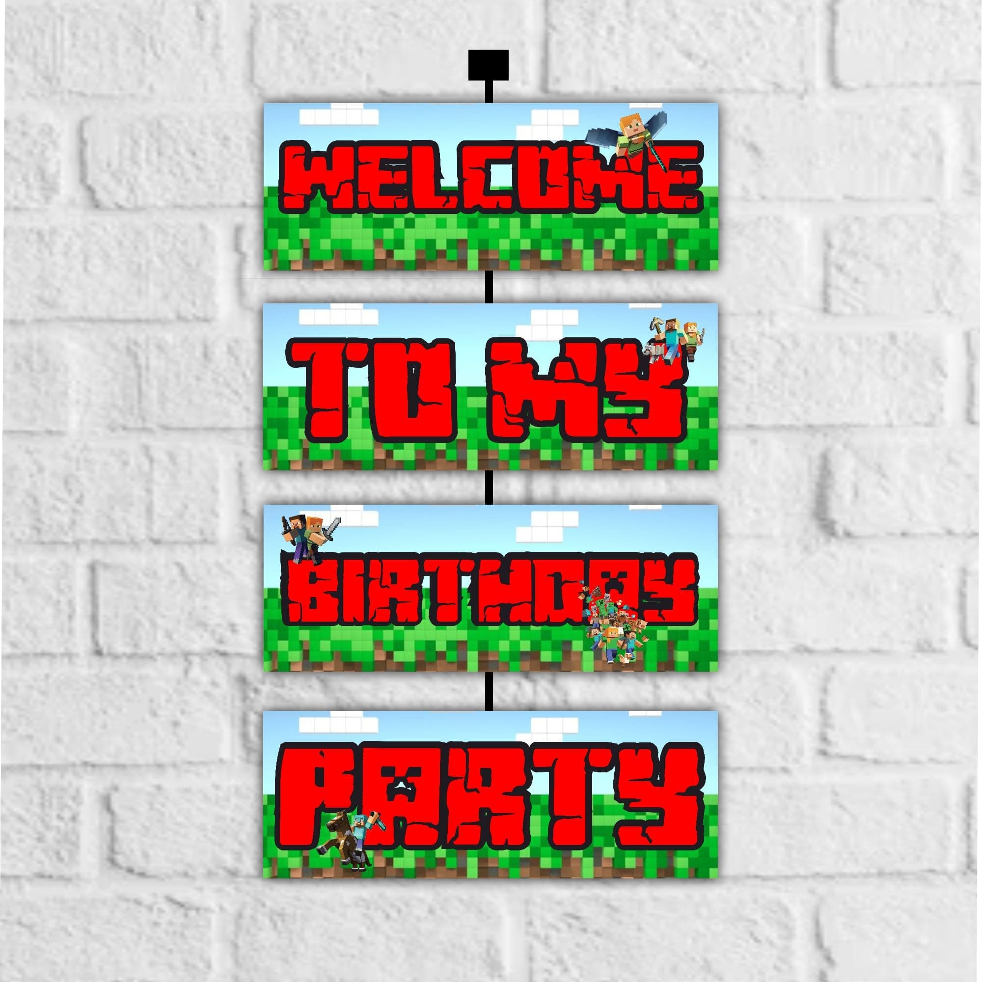 Balloonistics Mines & Craft Theme Welcome Board 2.3 Feet Cardstock Birthday Sign Double-Sided Pixel Party Decoration for Indoor & Outdoor with Ribbons (Welcome Outdoor Board)