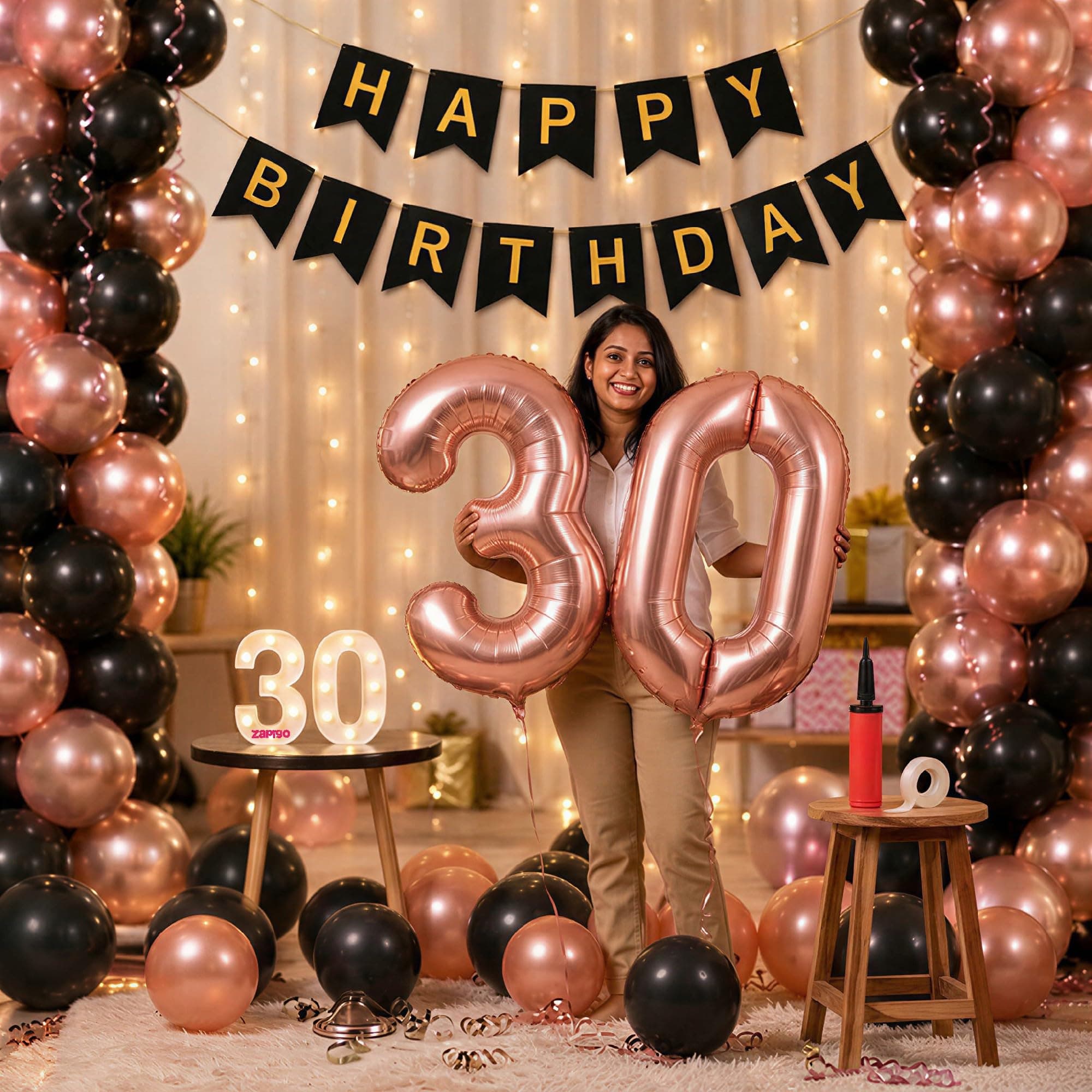 Balloonistics 30th Birthday Decoration Combo Kit - 40 Inch Rose Gold Foil Number Balloon, LED Marquee Light, 50 Rose Gold & Black Balloons, Happy Birthday Banner, Balloon Pump & Glue Dots thumbnail 1