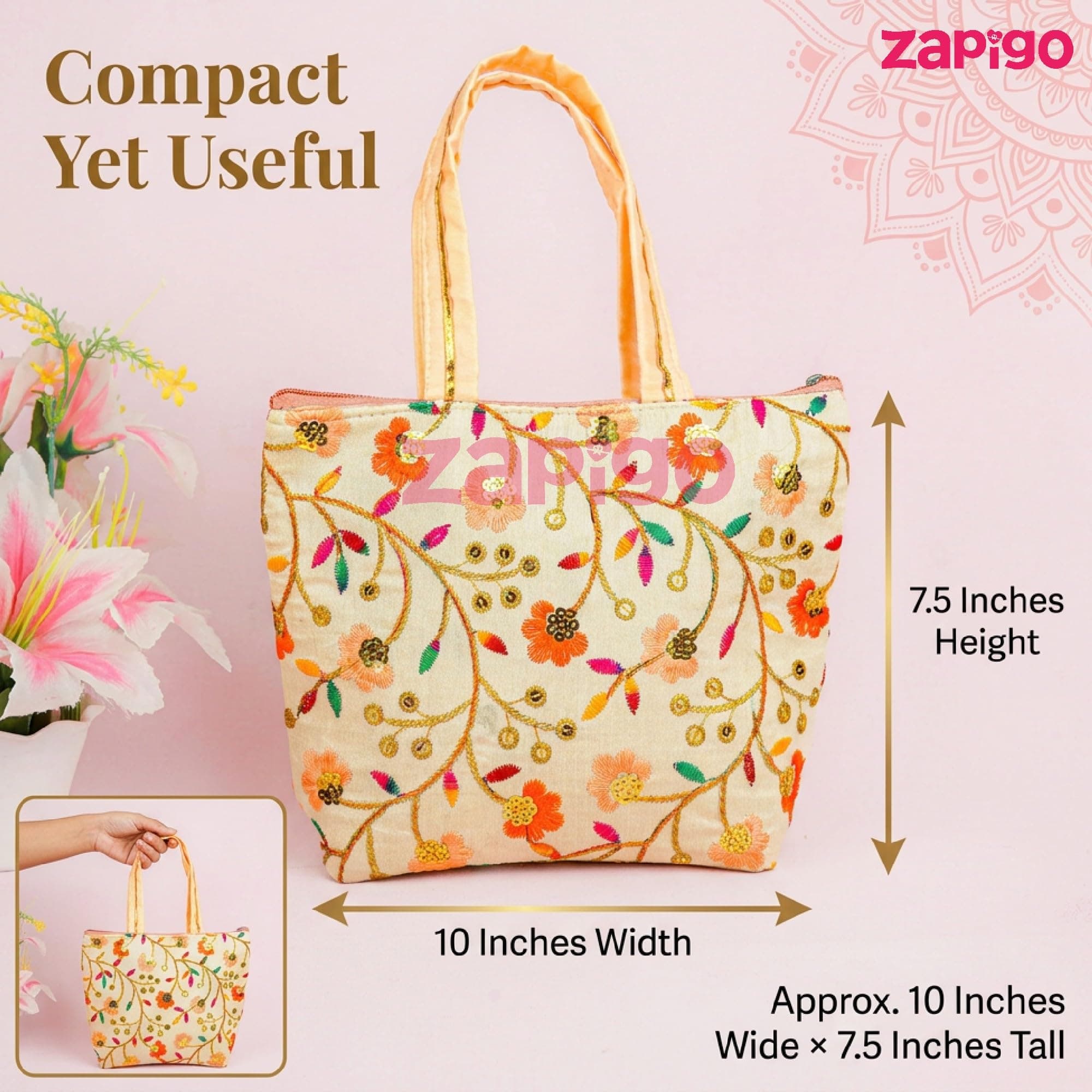 Habba Embroidered Floral Tote Bag for Women, Zip Closure Compact Ethnic Festive Wedding, Mehendi, Haldi, Navratri, Diwali, Baby Shower, Gruhapravesam Return Gift Bag, Pack of 10 thumbnail 3