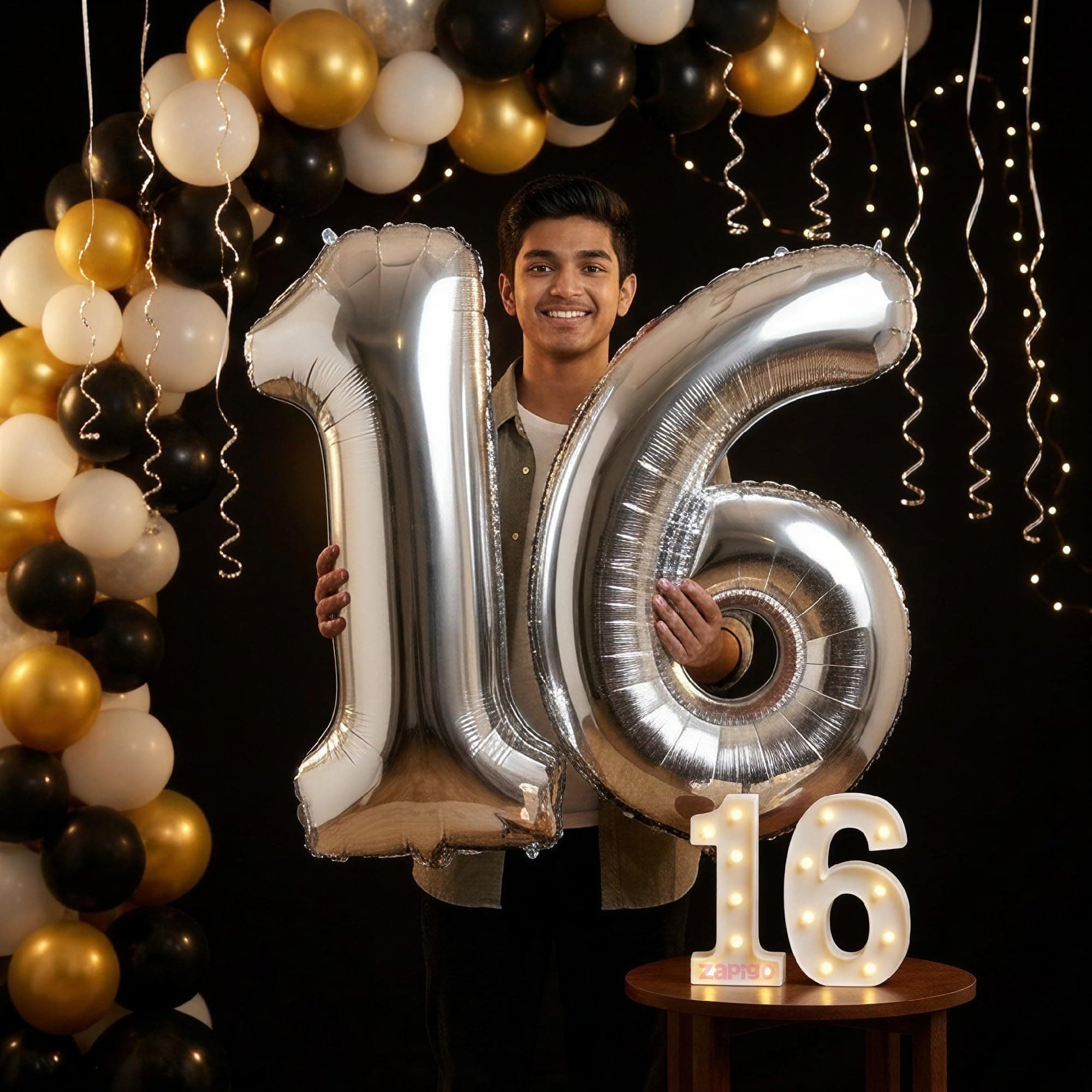 Balloonistics Silver 40-Inch Foil Number 16 Balloon with Matching LED Marquee Light - Combo Set for 16th Birthday, Anniversary, Party Decoration, Photo Booth Backdrop thumbnail 1