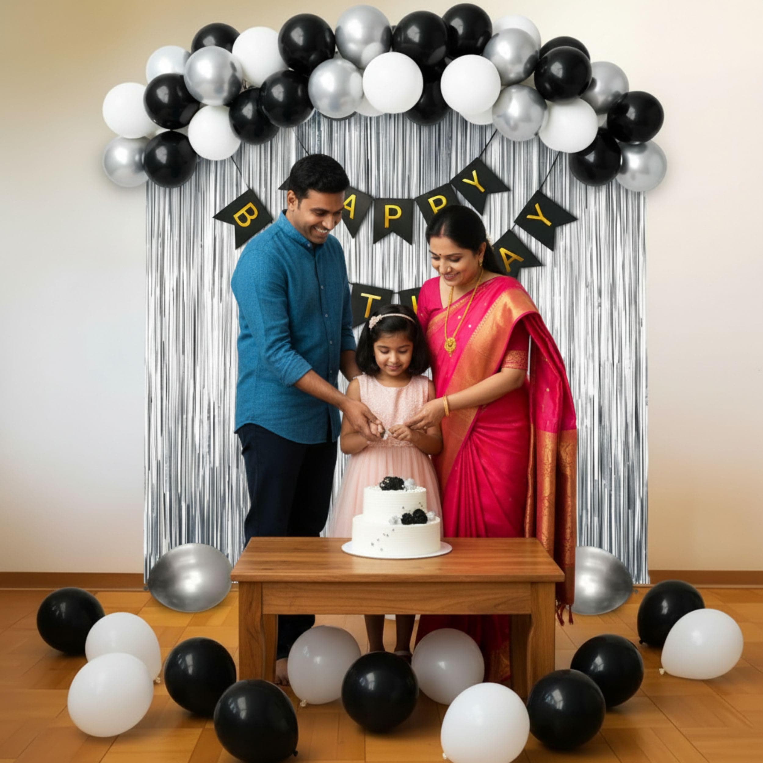 Balloonistics 40 Pcs Black, White & Silver Birthday Decoration Kit – Elegant Aesthetic Party Decor with Happy Birthday Banner, Foil Fringe Curtain, Metallic Balloons & Ribbons thumbnail 8