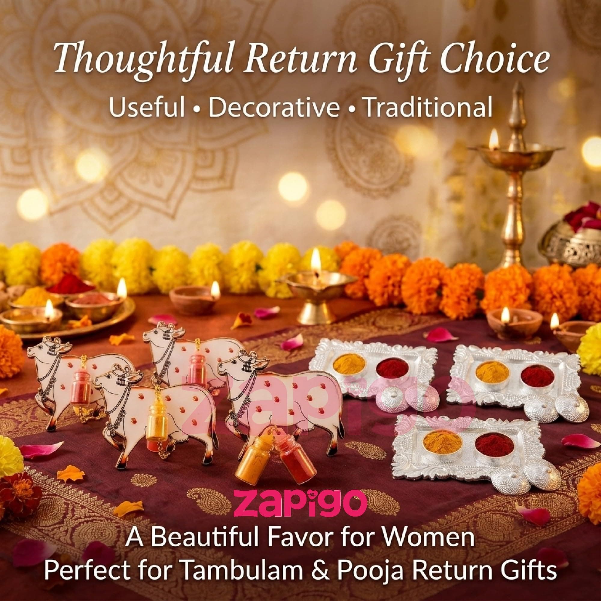Habba Cow Design Haldi Kumkum Set with Silver Kumkum Holder, Traditional Pasupu Kumkum Gift Set for Pooja, Diwali, Navratri, Wedding, Housewarming & Tambulam Return Gifts for Women - Pack of 10 thumbnail 5