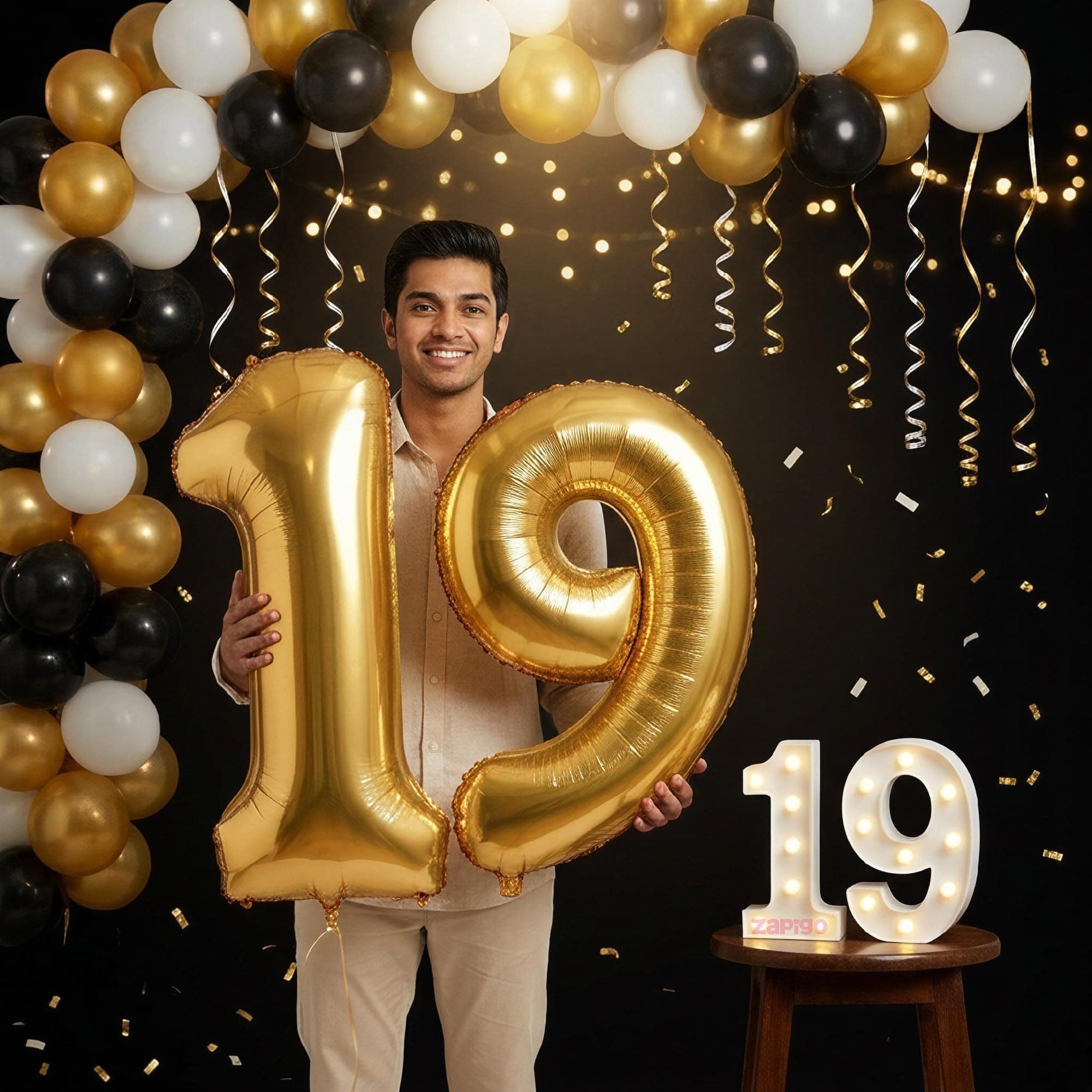 Balloonistics Gold 40-Inch Foil Number 19 Balloon with Matching LED Marquee Light - Combo Set for 19th Birthday, Anniversary, Party Decoration, Photo Booth Backdrop, Cake Table Decor thumbnail 1