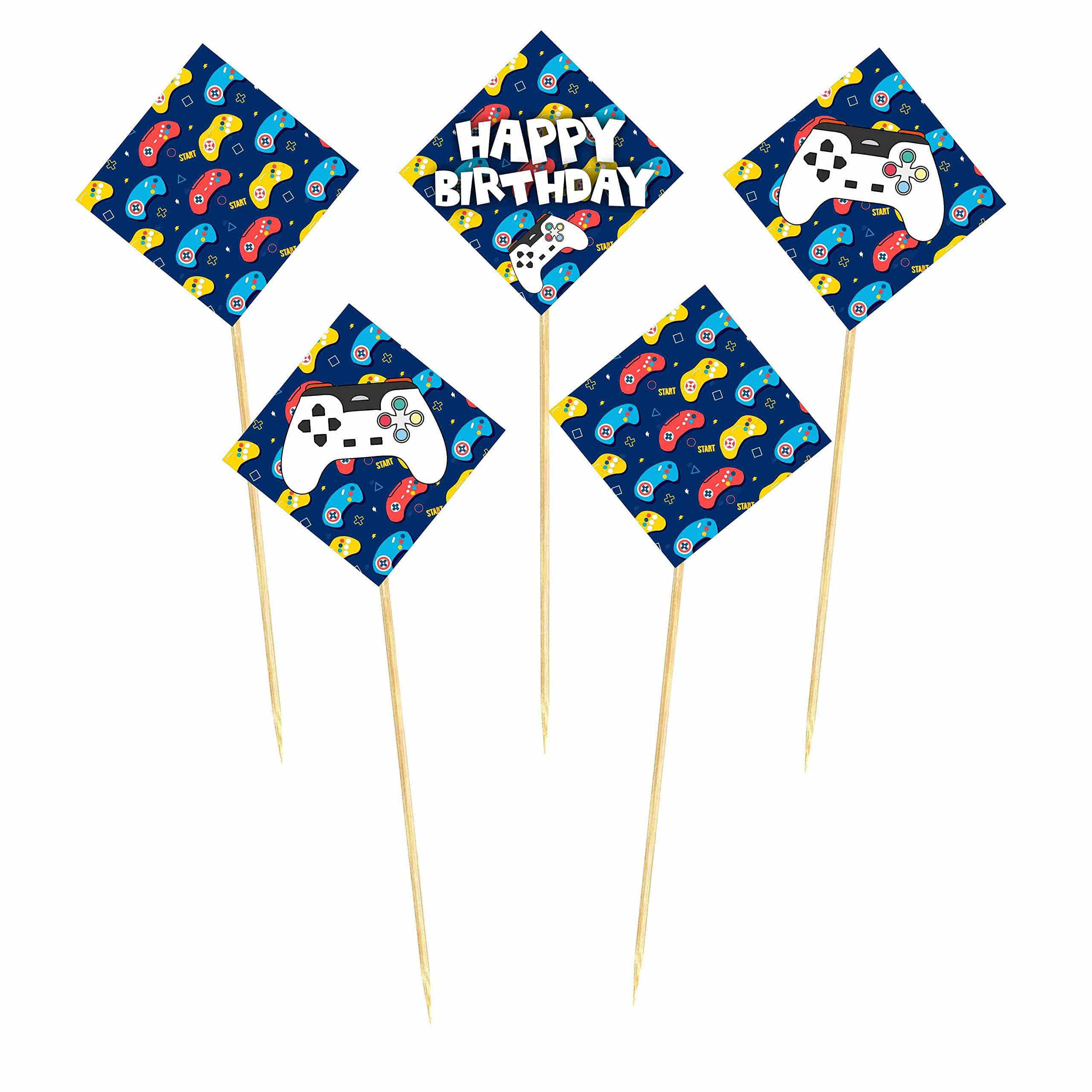 Balloonistics Video Game Theme Happy Birthday Cake Topper Set - Level Up Gaming Party Decorations, Double-Sided Cardstock Cake Inserts with Bamboo Sticks for Boys & Kids (Cake Topper - Pack of 10) thumbnail 2