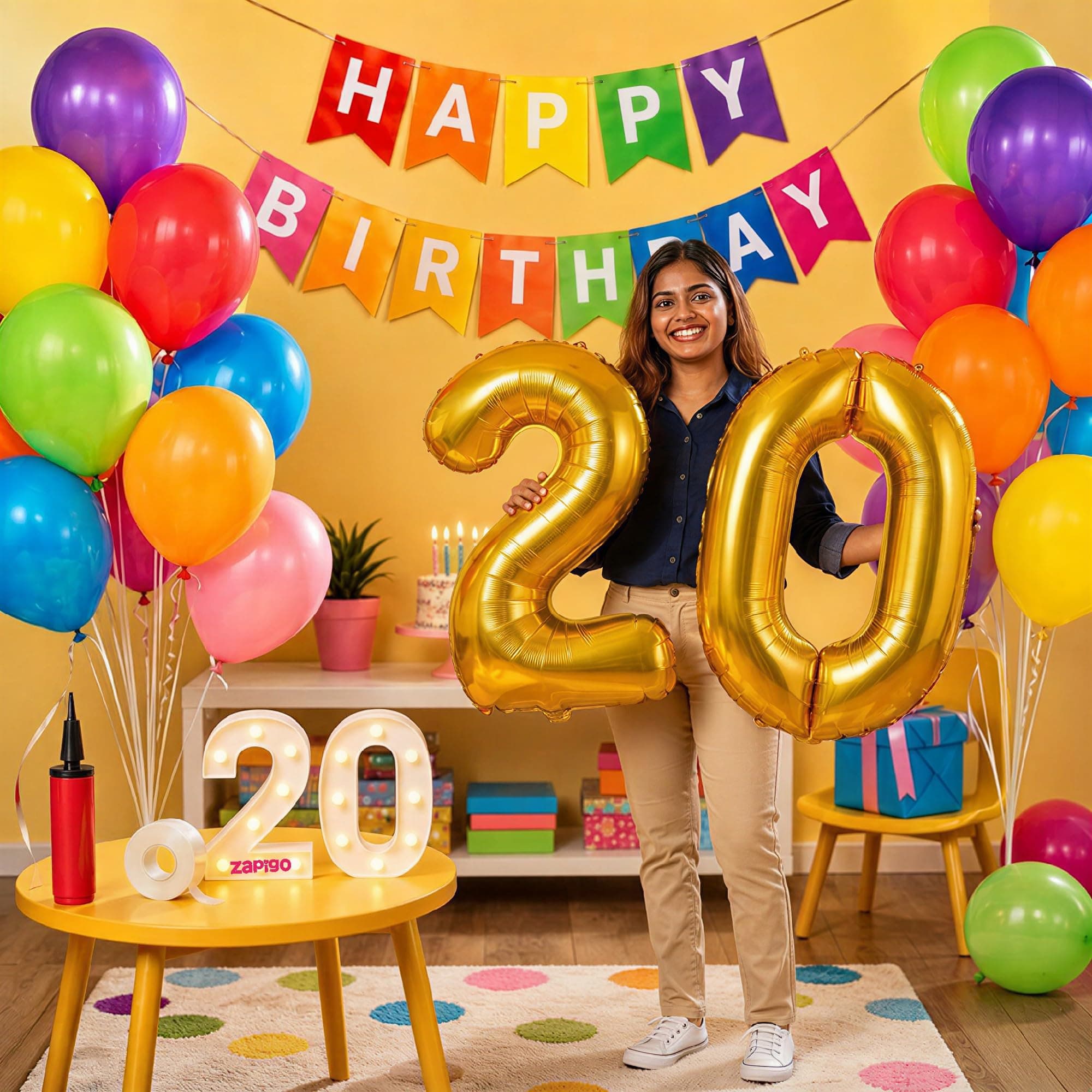 Balloonistics 20th Birthday Decoration Combo Kit - 40 Inch Gold Foil Number Balloon, LED Marquee Light, 50 Multicolor Balloons, Happy Birthday Banner, Balloon Pump & Glue Dots