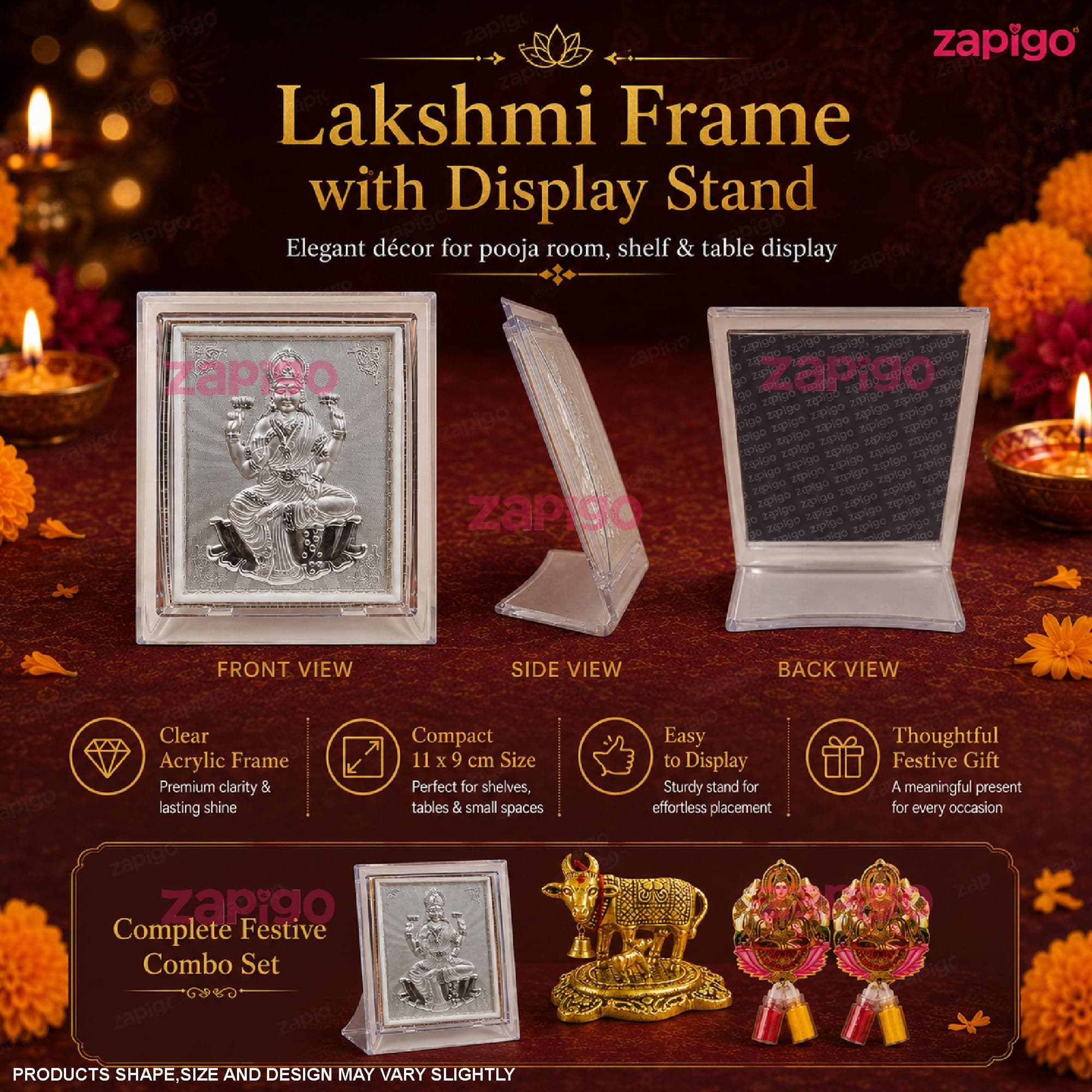 Habba Lakshmi Frame with Silver-Finish Stand, Lakshmi Kumkum Set & Gold Cow Statue, Traditional Haldi Kumkum Tambulam Hamper for Varalakshmi Vratham, Deepavali & Weddings, Pack of 5 thumbnail 6