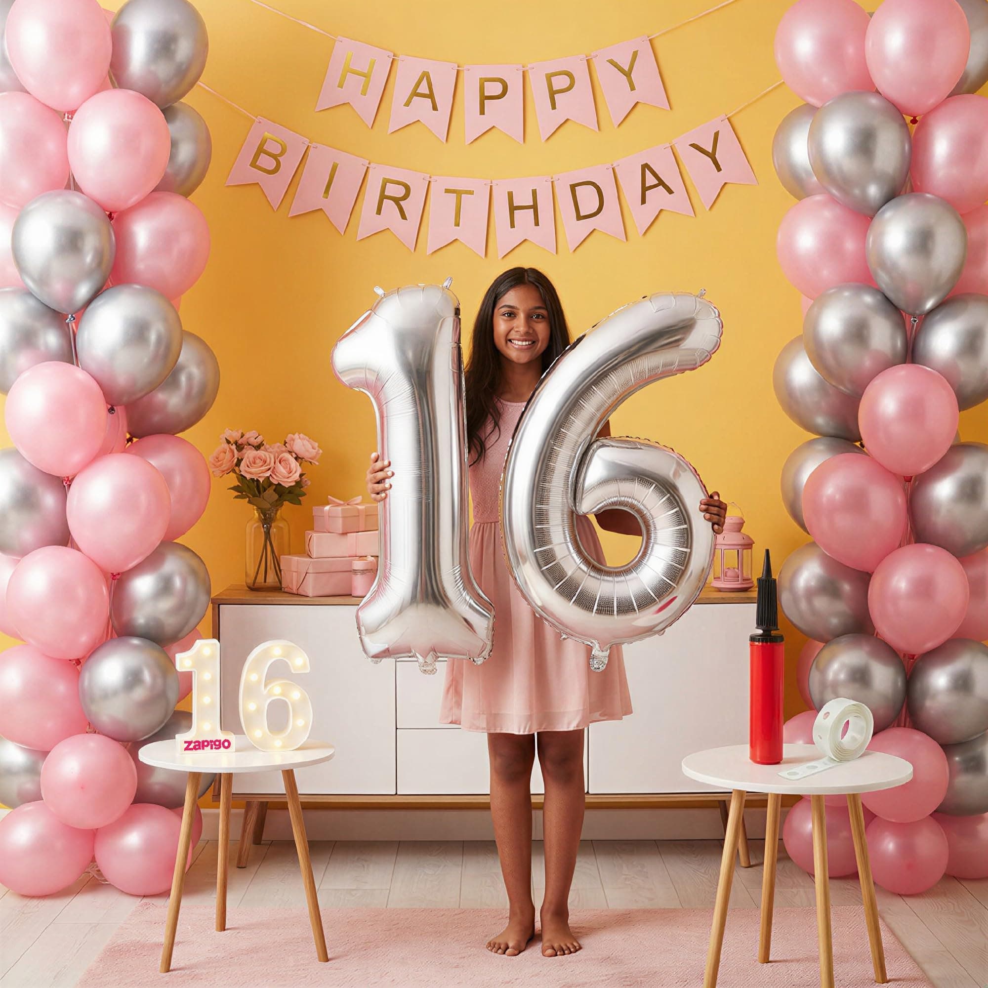 Balloonistics 16th Birthday Decoration Combo Kit - 40 Inch Silver Foil Number Balloon, LED Marquee Light, 50 Silver & Pink Balloons, Happy Birthday Banner, Balloon Pump & Glue Dots