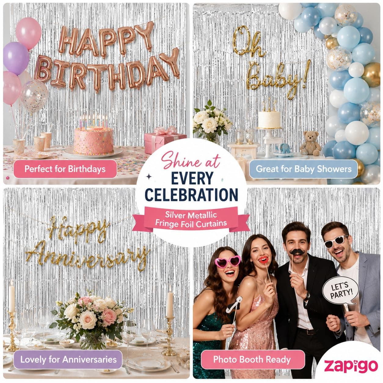 Balloonistics Silver Metallic Fringe Foil Curtain – Set of 4, 6x3 Ft Backdrop for Birthday, Baby Shower & Anniversary Decoration thumbnail 4