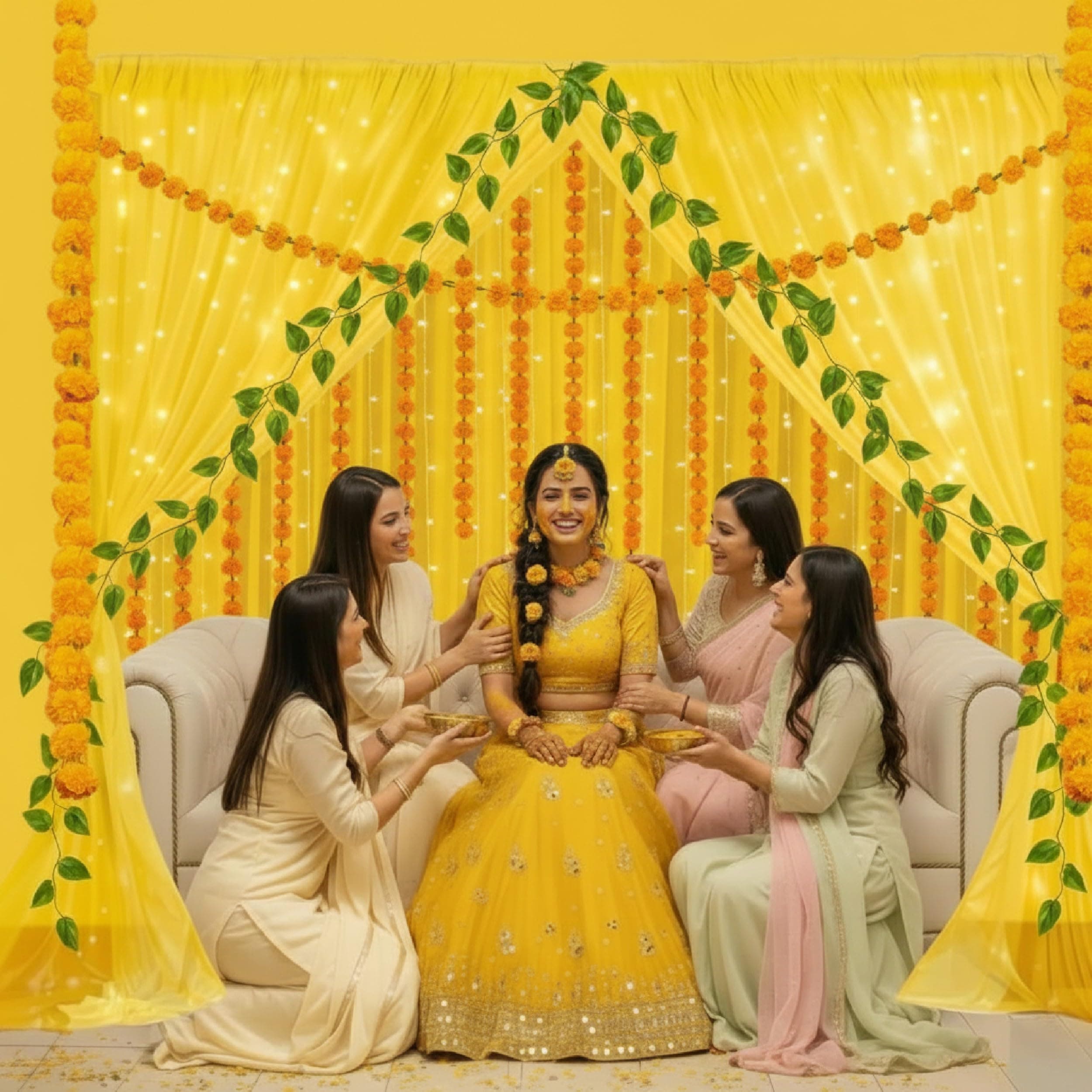 Balloonistics 13 Pcs Haldi & Mehendi Decoration Kit – Vibrant Yellow Backdrop Curtains with Marigold Garlands, Money Plant Vines & Easy Install Hooks – DIY Home Celebration Set thumbnail 1