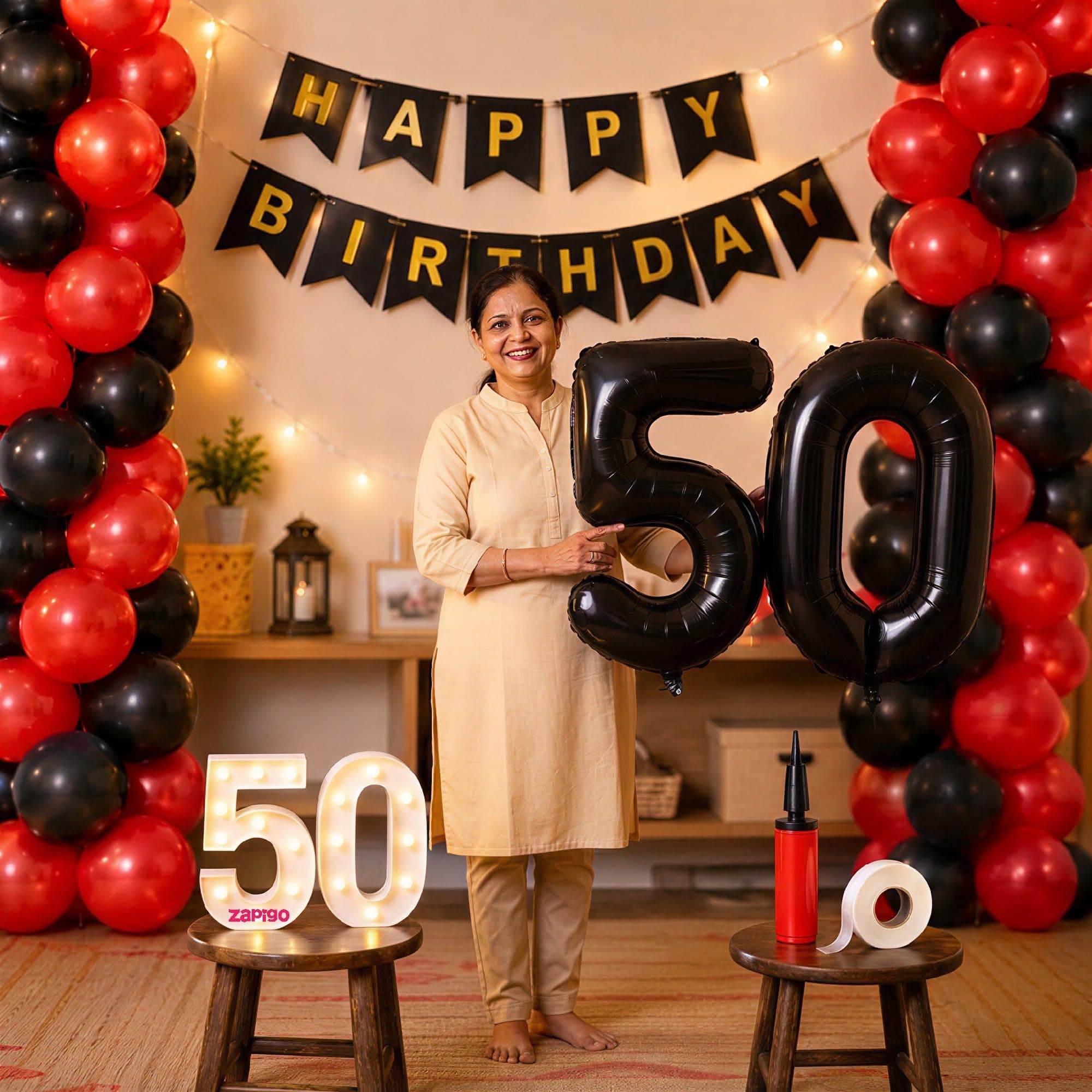 Balloonistics 50th Birthday Decoration Combo Kit - 40 Inch Black Foil Number Balloon, LED Marquee Light, 50 Black & Red Balloons, Happy Birthday Banner, Balloon Pump & Glue Dots