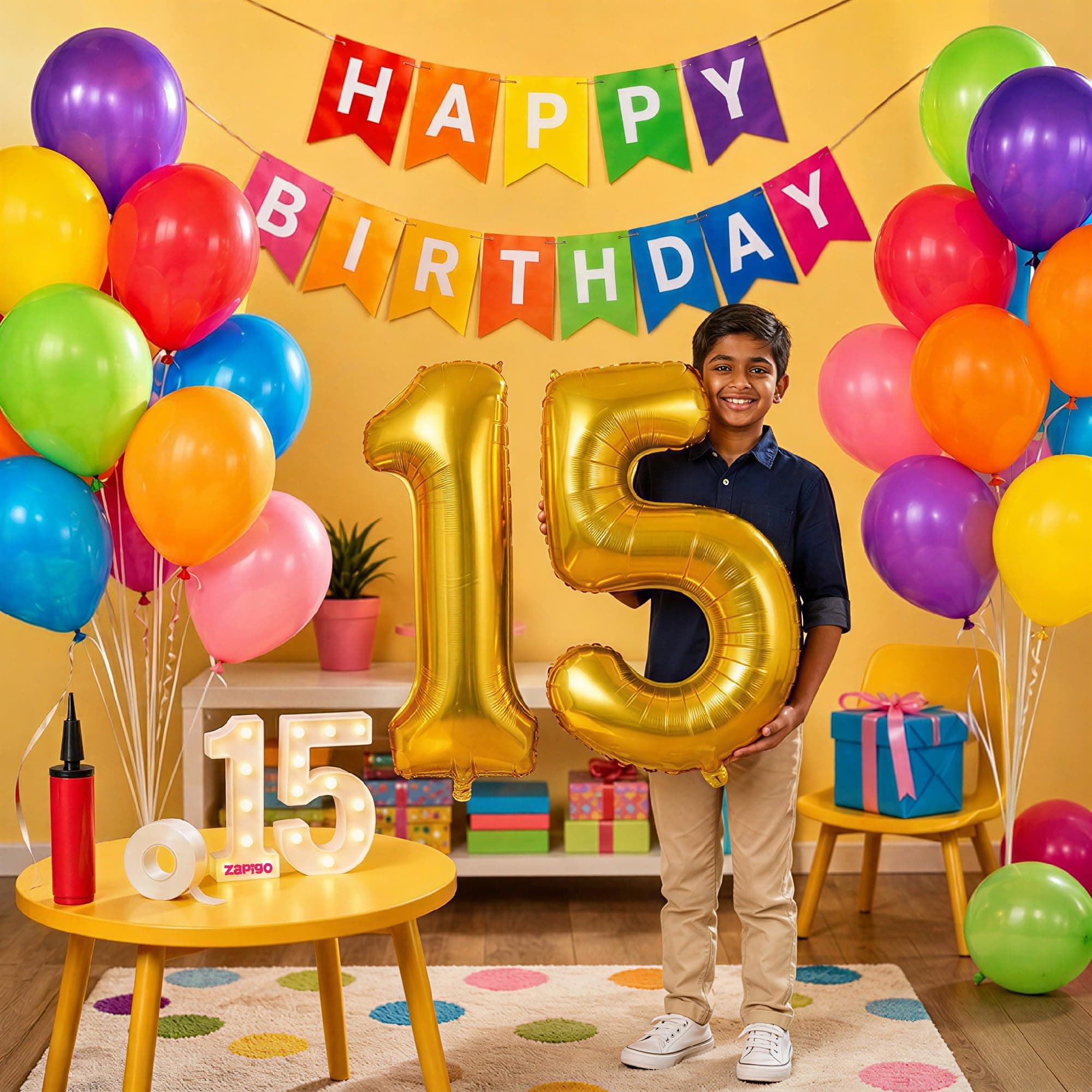 Balloonistics 15th Birthday Decoration Combo Kit - 40 Inch Gold Foil Number Balloon, LED Marquee Light, 50 Multicolor Balloons, Happy Birthday Banner, Balloon Pump & Glue Dots