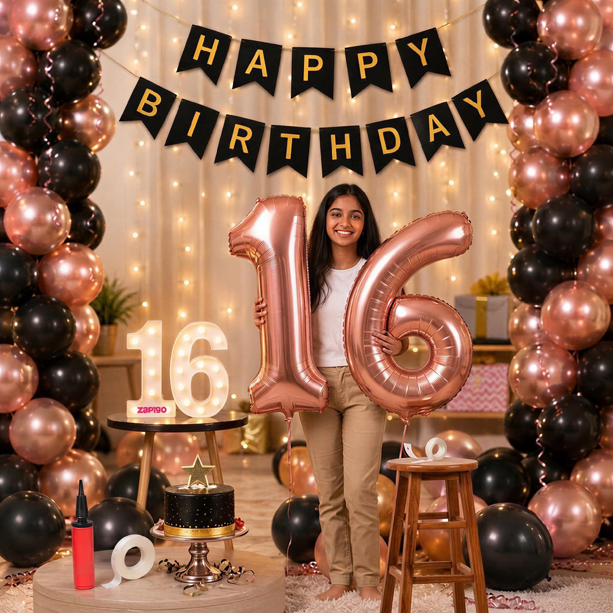 Balloonistics 16th Birthday Decoration Combo Kit - 40 Inch Rose Gold Foil Number Balloon, LED Marquee Light, 50 Rose Gold & Black Balloons, Happy Birthday Banner, Balloon Pump & Glue Dots