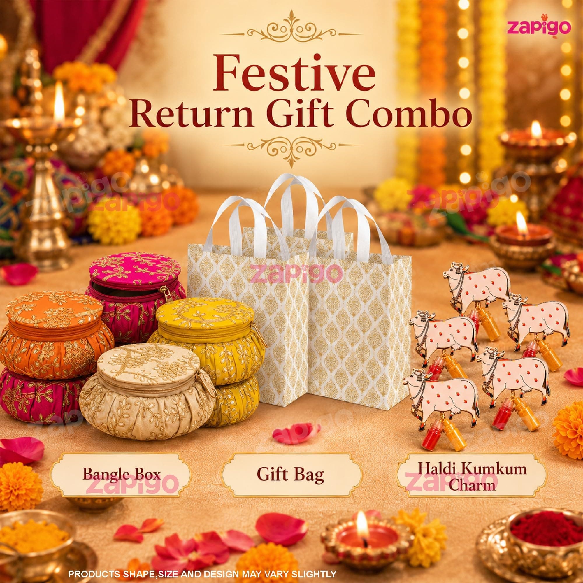 Habba Bangle Box, Cow Kumkum Set and Carry Bag, Traditional Haldi Kumkum Tambulam Hamper for Weddings, Festivals, Baby Showers, Housewarming, Varalakshmi Vratham, Navratri, Deepavali, Pack of 5 thumbnail 2