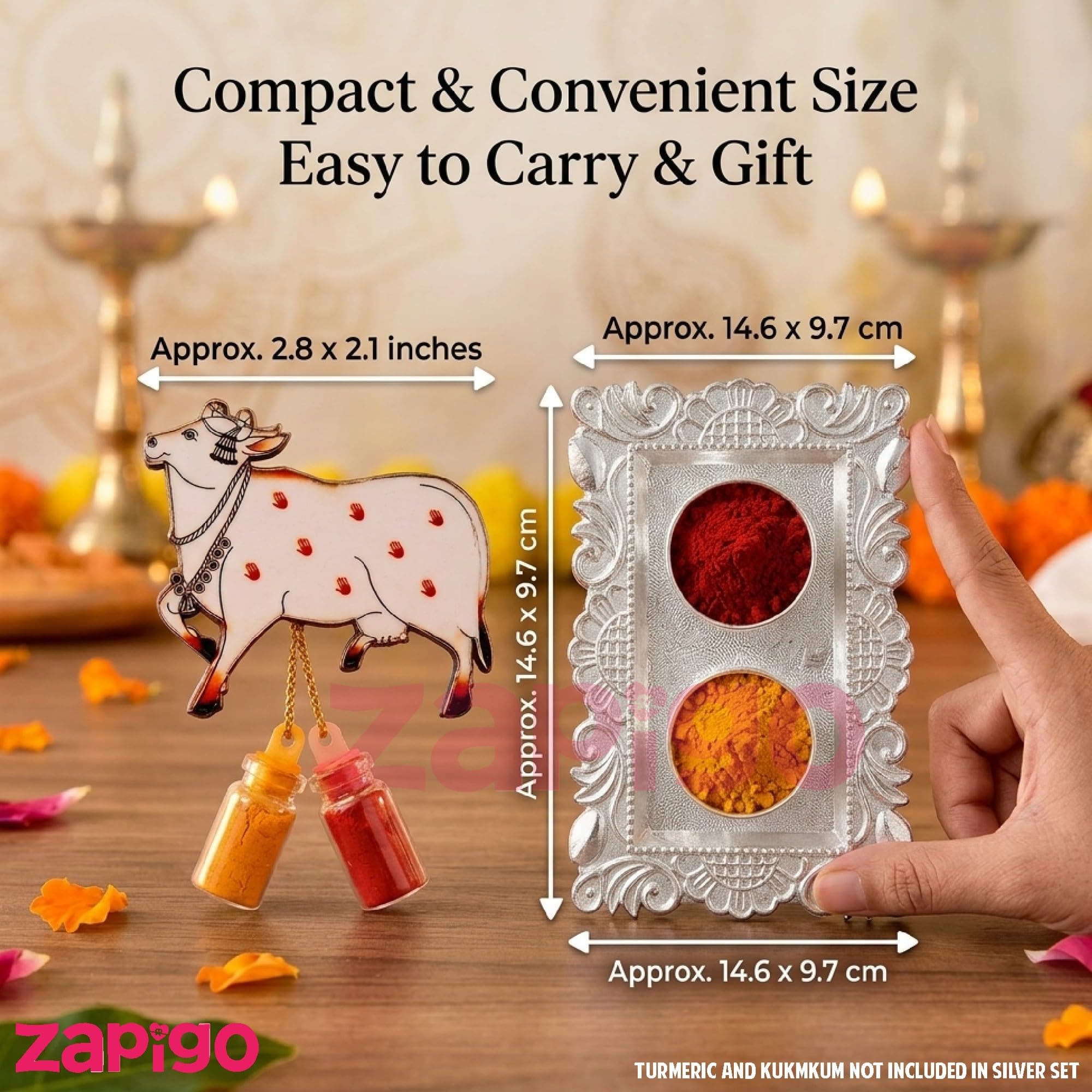 Habba Cow Design Haldi Kumkum Set with Silver Kumkum Holder, Traditional Pasupu Kumkuma Gift for Pooja, Diwali, Navratri, Wedding, Housewarming & Tambulam Return Gifts - Pack of 5 thumbnail 2