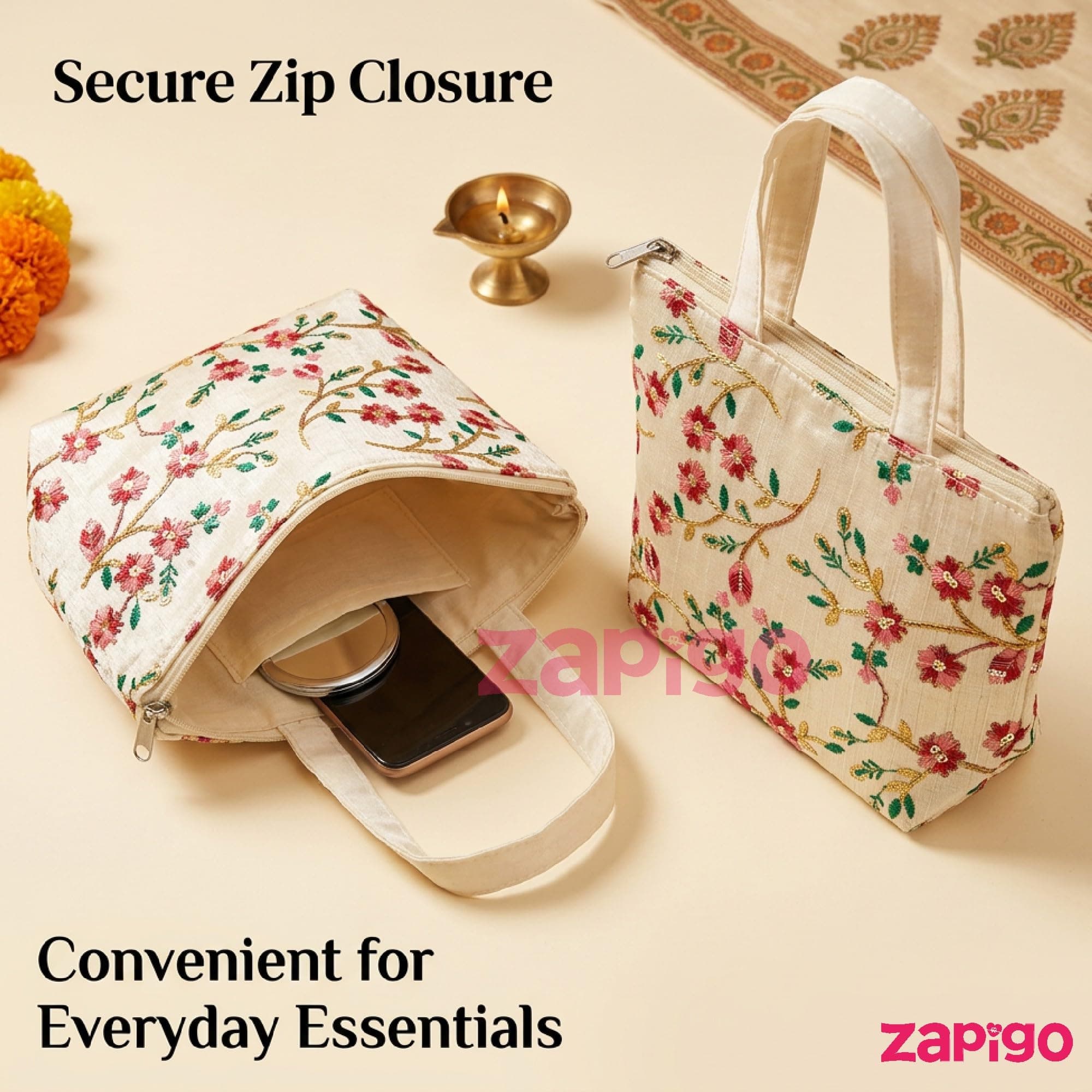 Habba Embroidered Floral Tote Bag for Women, Zip Closure Compact Ethnic Festive Wedding, Mehendi, Haldi, Navratri, Diwali, Baby Shower, Gruhapravesam Return Gift Bag, Pack of 10 thumbnail 8