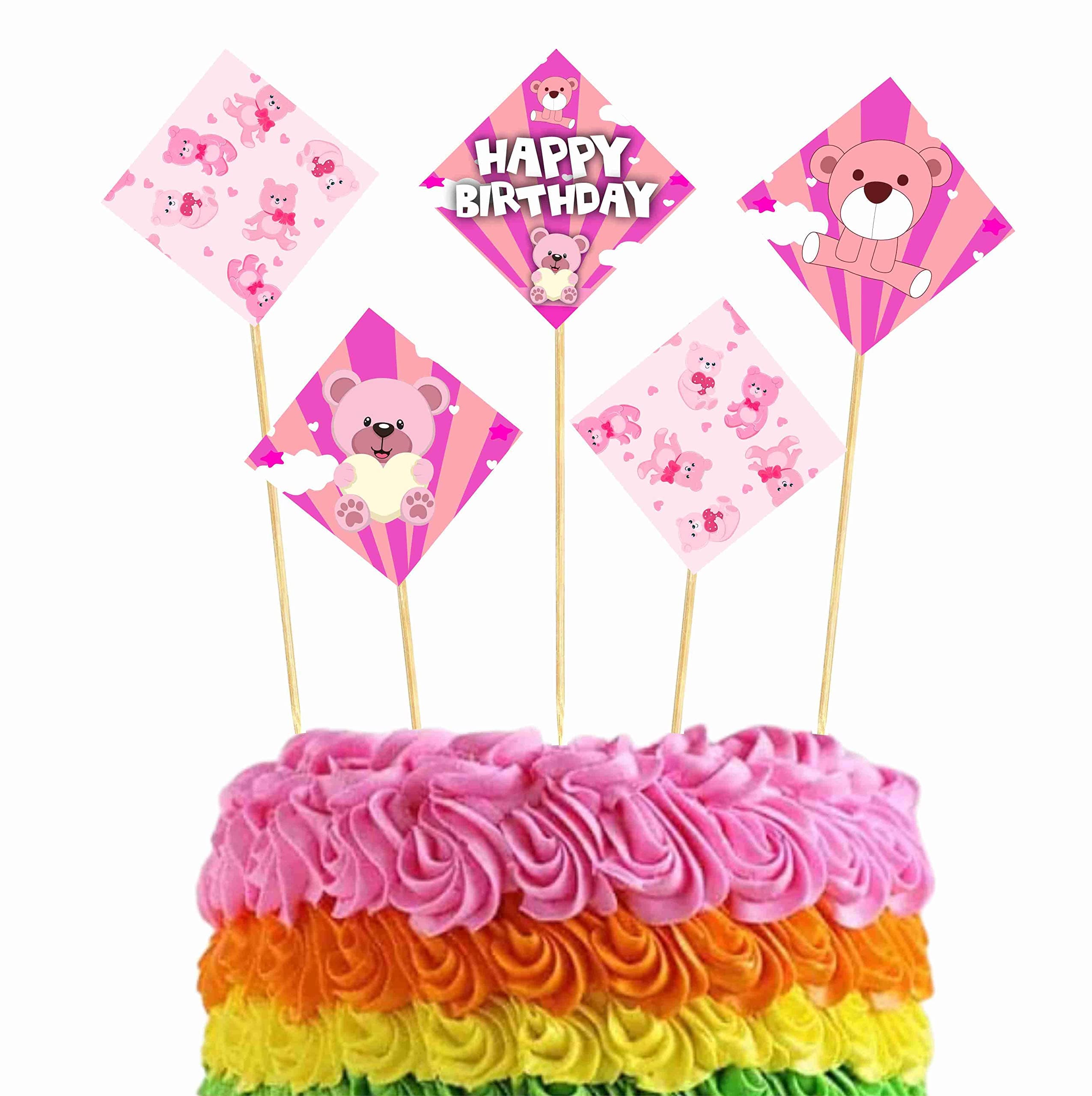 Balloonistics Pink Teddy Bear Happy Birthday Cake Toppers - Pack of 10 Double-Sided Cardstock Cake Picks - Sweet Bear Theme, 1st Birthday Decorations, Beary Sweet Dessert Toppers on Bamboo Sticks (Cake Topper - Pack of 10) thumbnail 1