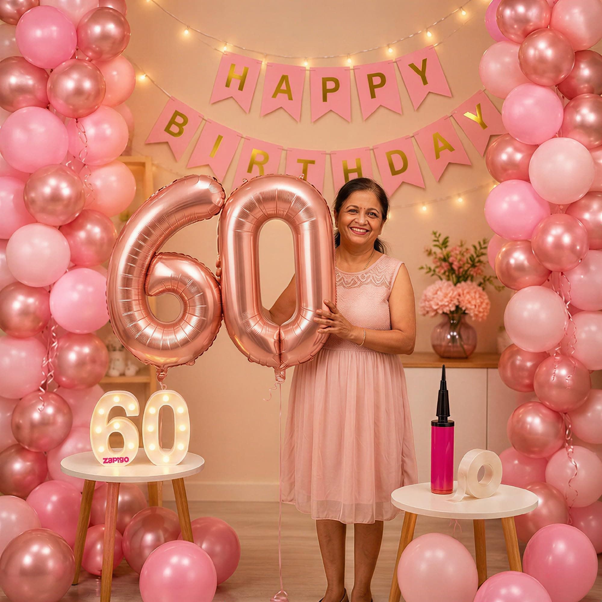 Balloonistics 60th Birthday Decoration Combo Kit - 40 Inch Rose Gold Foil Number Balloon, LED Marquee Light, 50 Rose Gold & Pink Balloons, Happy Birthday Banner, Balloon Pump & Glue Dots