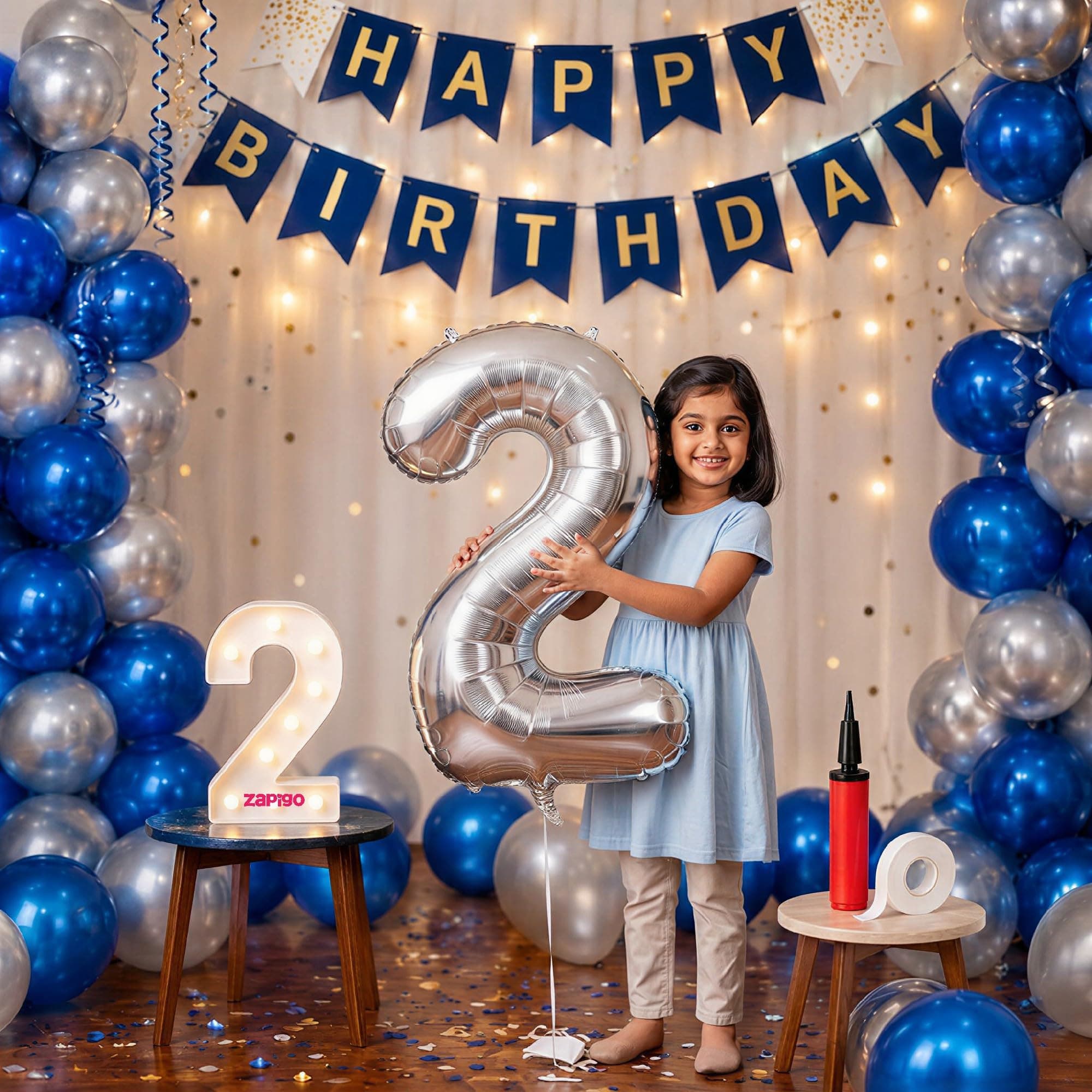 Balloonistics 2nd Birthday Decoration Combo Kit - 40 Inch Silver Foil Number Balloon, LED Marquee Light, 50 Silver & Blue Balloons, Happy Birthday Banner, Balloon Pump & Glue Dots