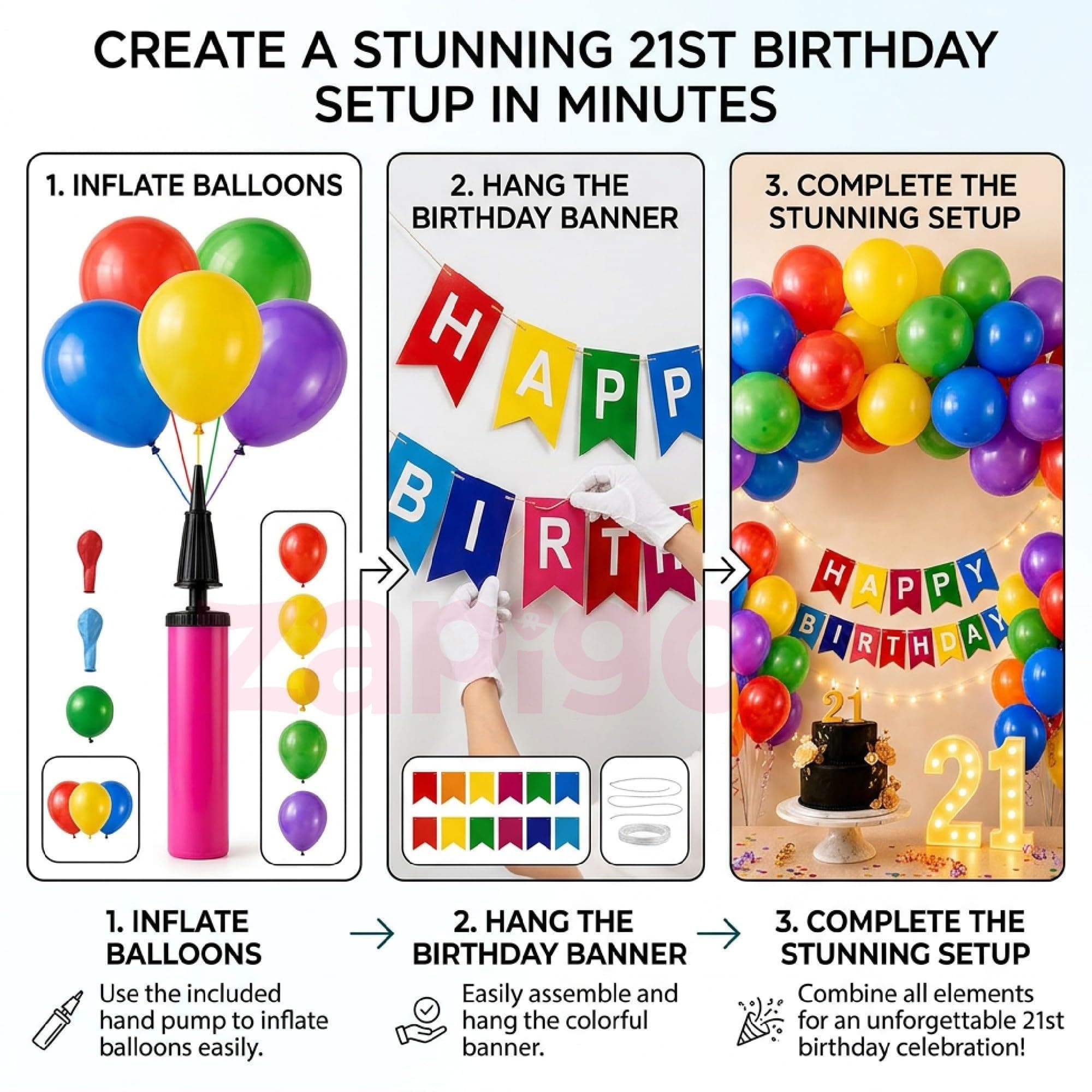 Balloonistics 55 Pcs 21st Birthday Decoration Kit - Number 21 Foil Balloons, Happy Birthday Banner, Latex Balloons & Arch Tools for Party Room Decor, Photo Booth Backdrop, Balloon Garland thumbnail 4