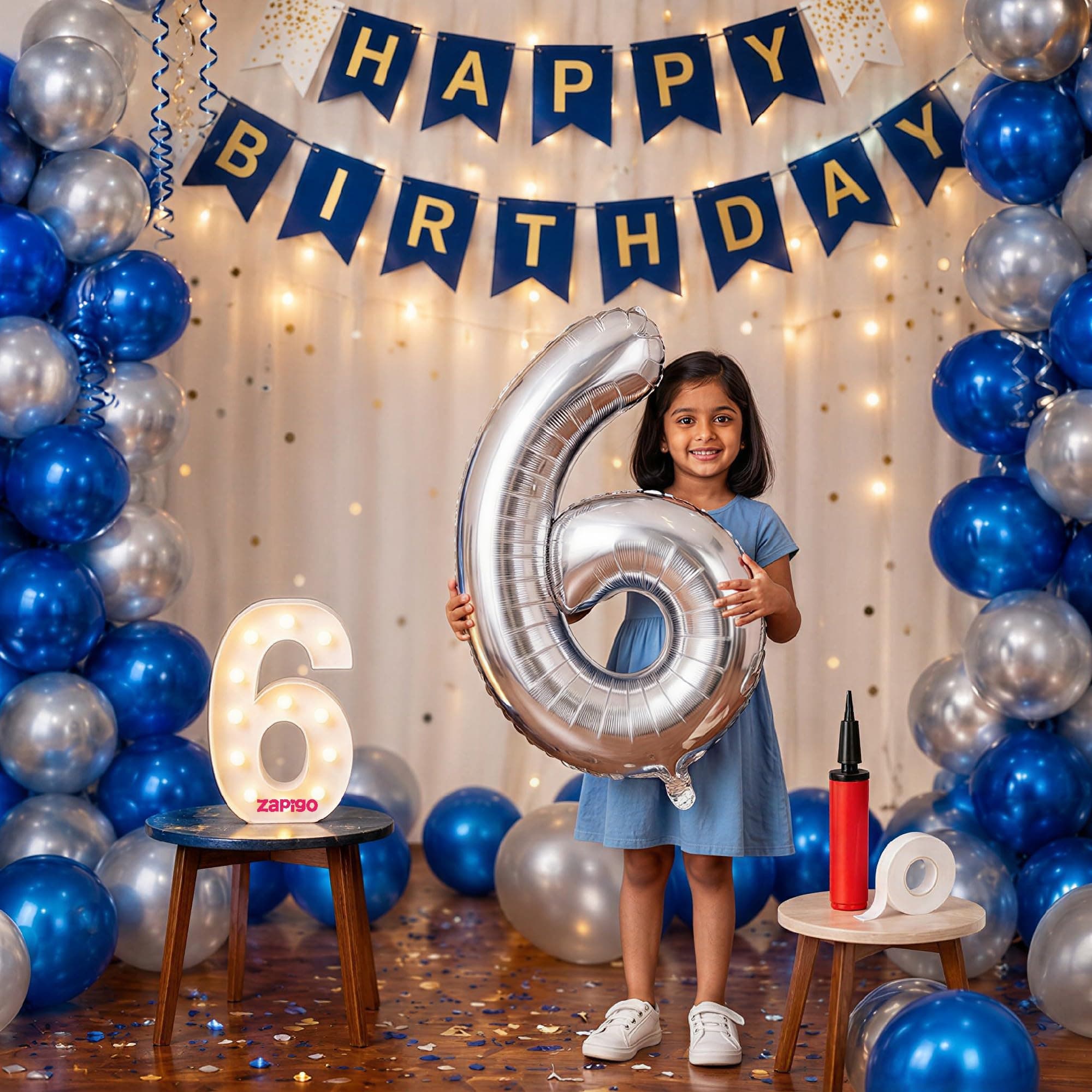 Balloonistics 6th Birthday Decoration Combo Kit - 40 Inch Silver Foil Number Balloon, LED Marquee Light, 50 Silver & Blue Balloons, Happy Birthday Banner, Balloon Pump & Glue Dots thumbnail 1