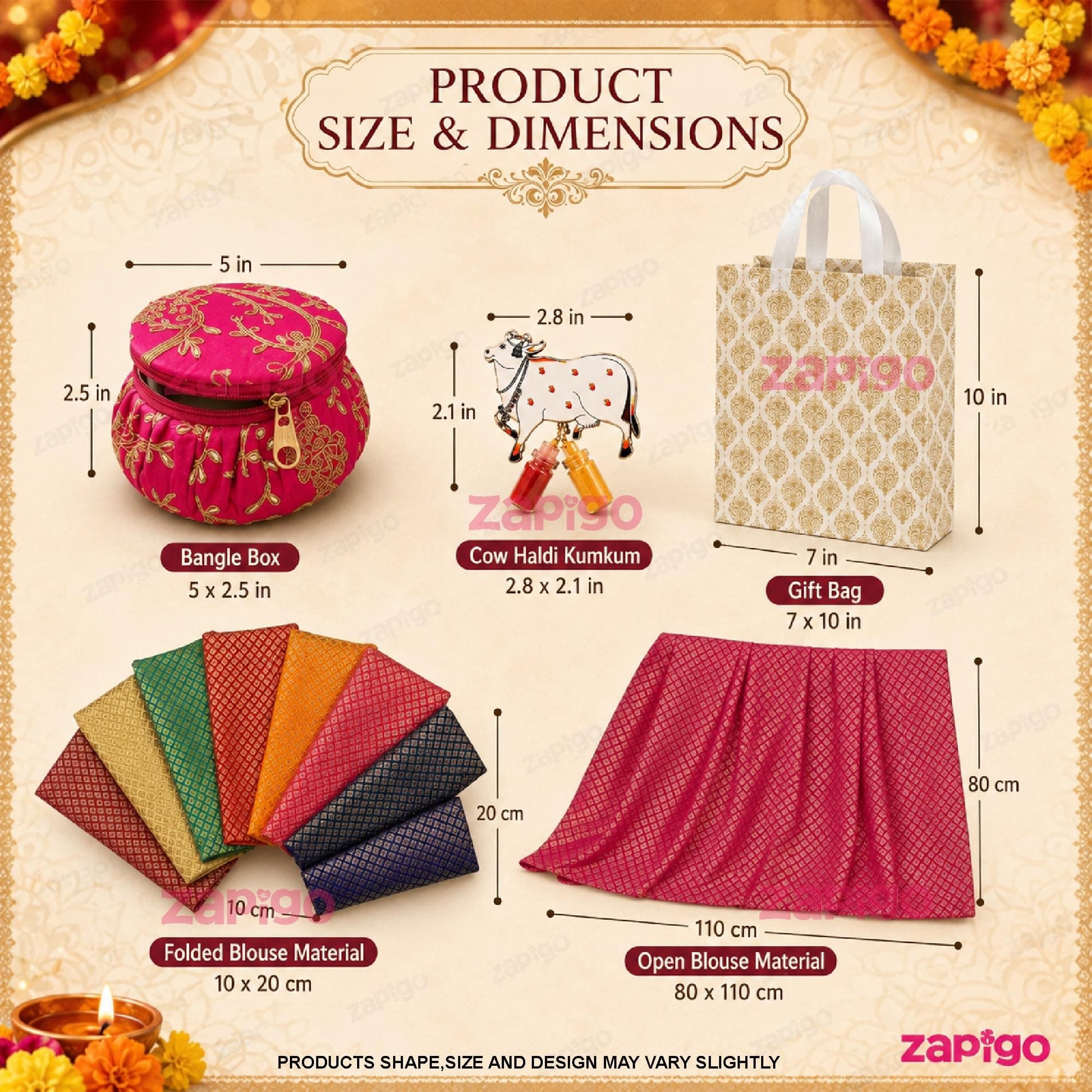 Habba Bangle Box, Cow Kumkum Set, Blouse Piece & Carry Bag Combo, Traditional Haldi Kumkum Tambulam Hamper for Weddings, Varalakshmi Vratham, Griha Pravesh & Festivals, Pack of 5 thumbnail 3