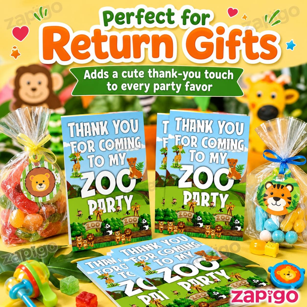 Balloonistics Zoo Theme Thank You Cards - Pack of 20 Premium Matte Note Cards - Lion, Giraffe & Zebra Jungle Safari Stationery with Matching Envelopes - Post-Party Gratitude for Kids Birthdays (Thank you Cards - Pack of 20) thumbnail 4