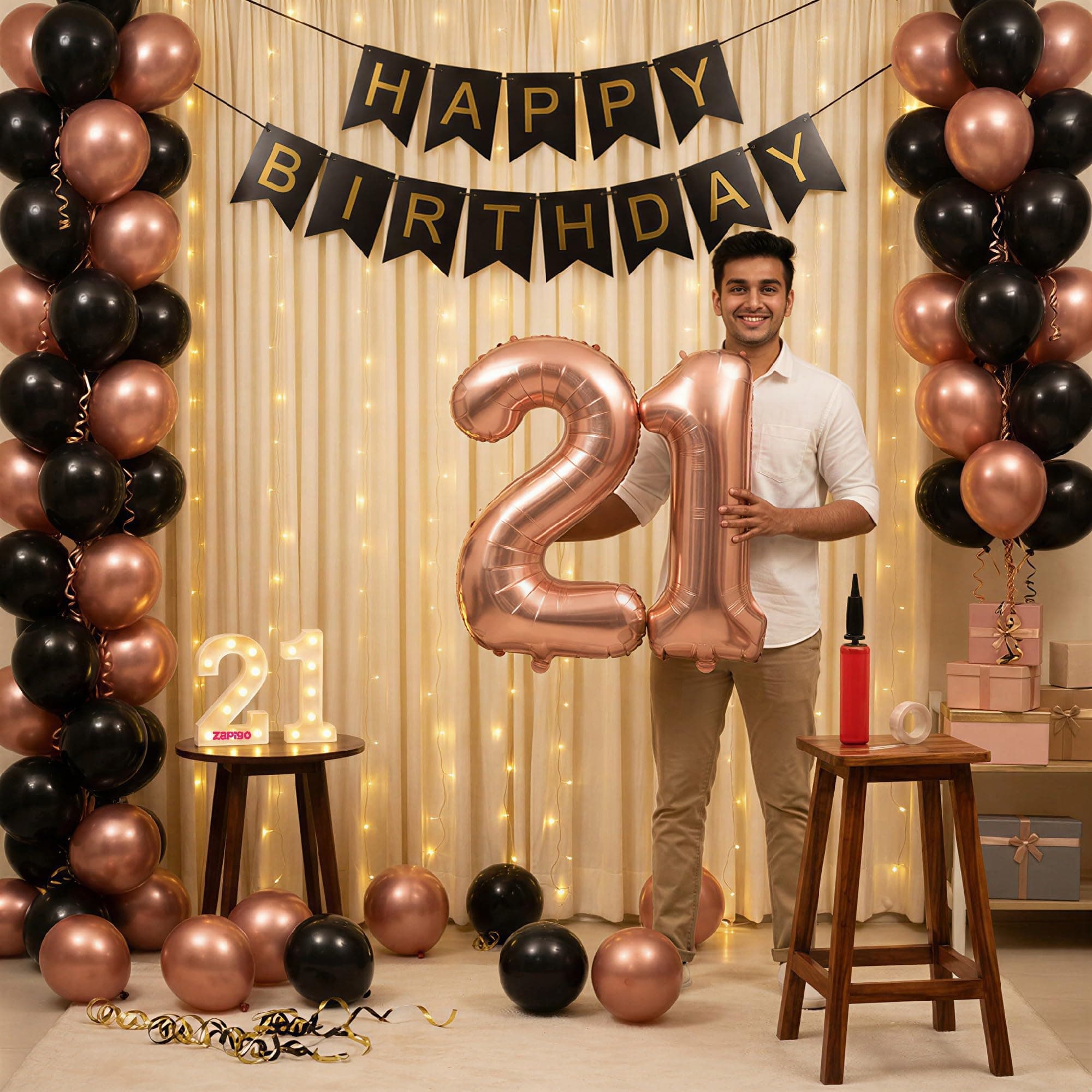 Balloonistics 21st Birthday Decoration Combo Kit - 40 Inch Rose Gold Foil Number Balloon, LED Marquee Light, 50 Rose Gold & Black Balloons, Happy Birthday Banner, Balloon Pump & Glue Dots thumbnail 1