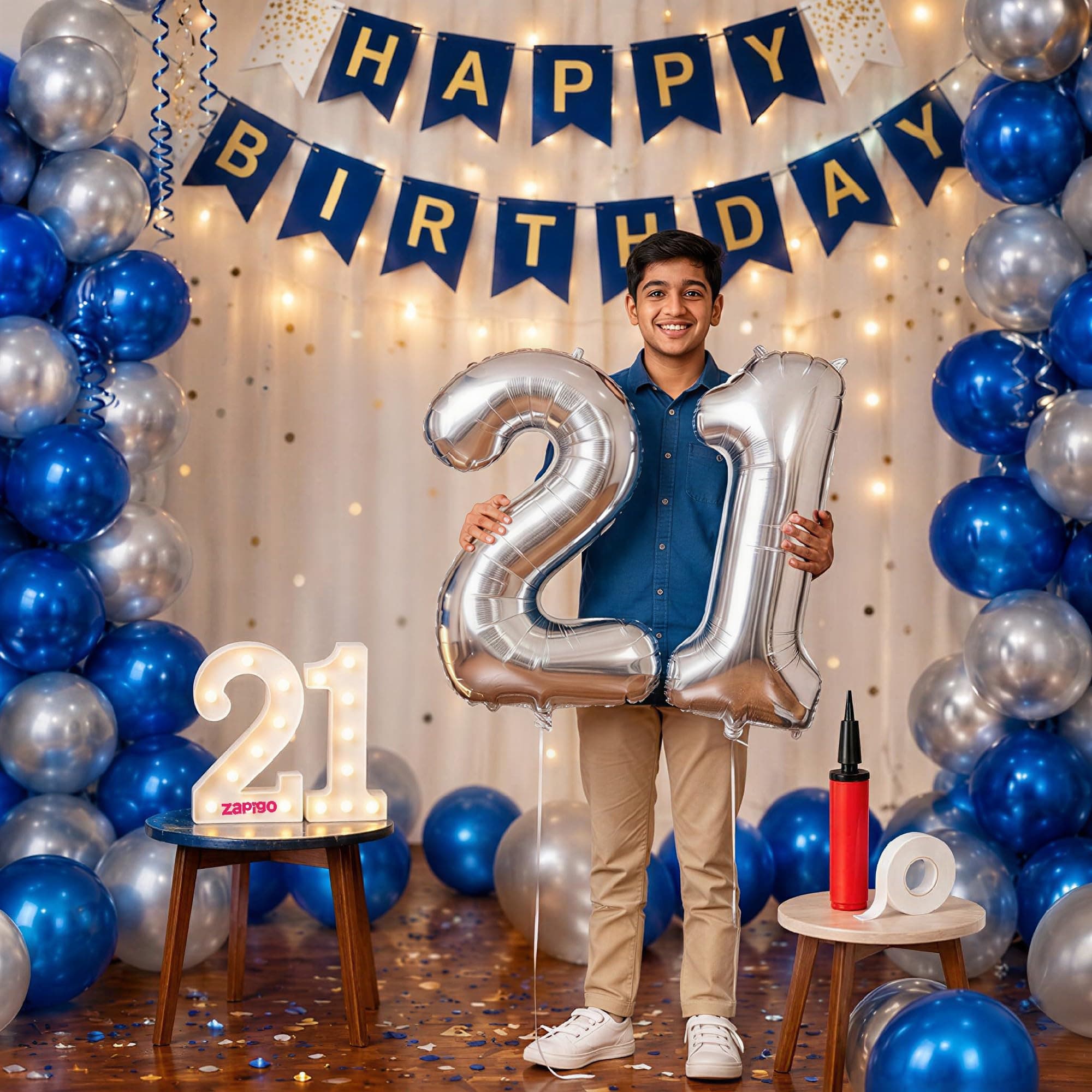 Balloonistics 21st Birthday Decoration Combo Kit - 40 Inch Silver Foil Number Balloon, LED Marquee Light, 50 Silver & Blue Balloons, Happy Birthday Banner, Balloon Pump & Glue Dots thumbnail 1