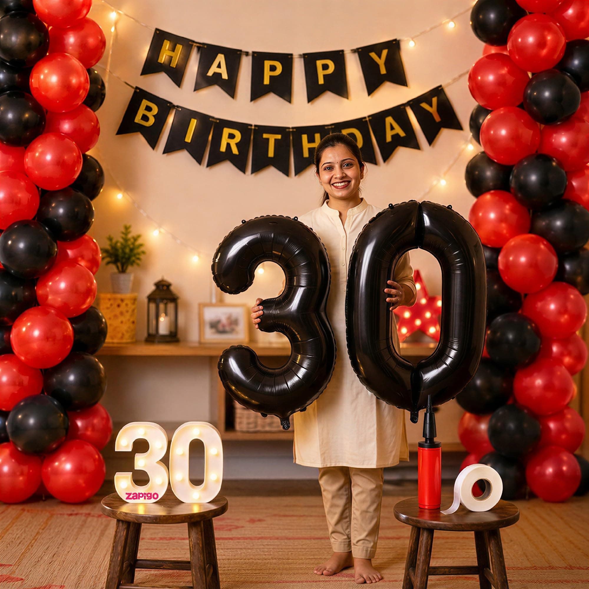 Balloonistics 30th Birthday Decoration Combo Kit - 40 Inch Black Foil Number Balloon, LED Marquee Light, 50 Black & Red Balloons, Happy Birthday Banner, Balloon Pump & Glue Dots
