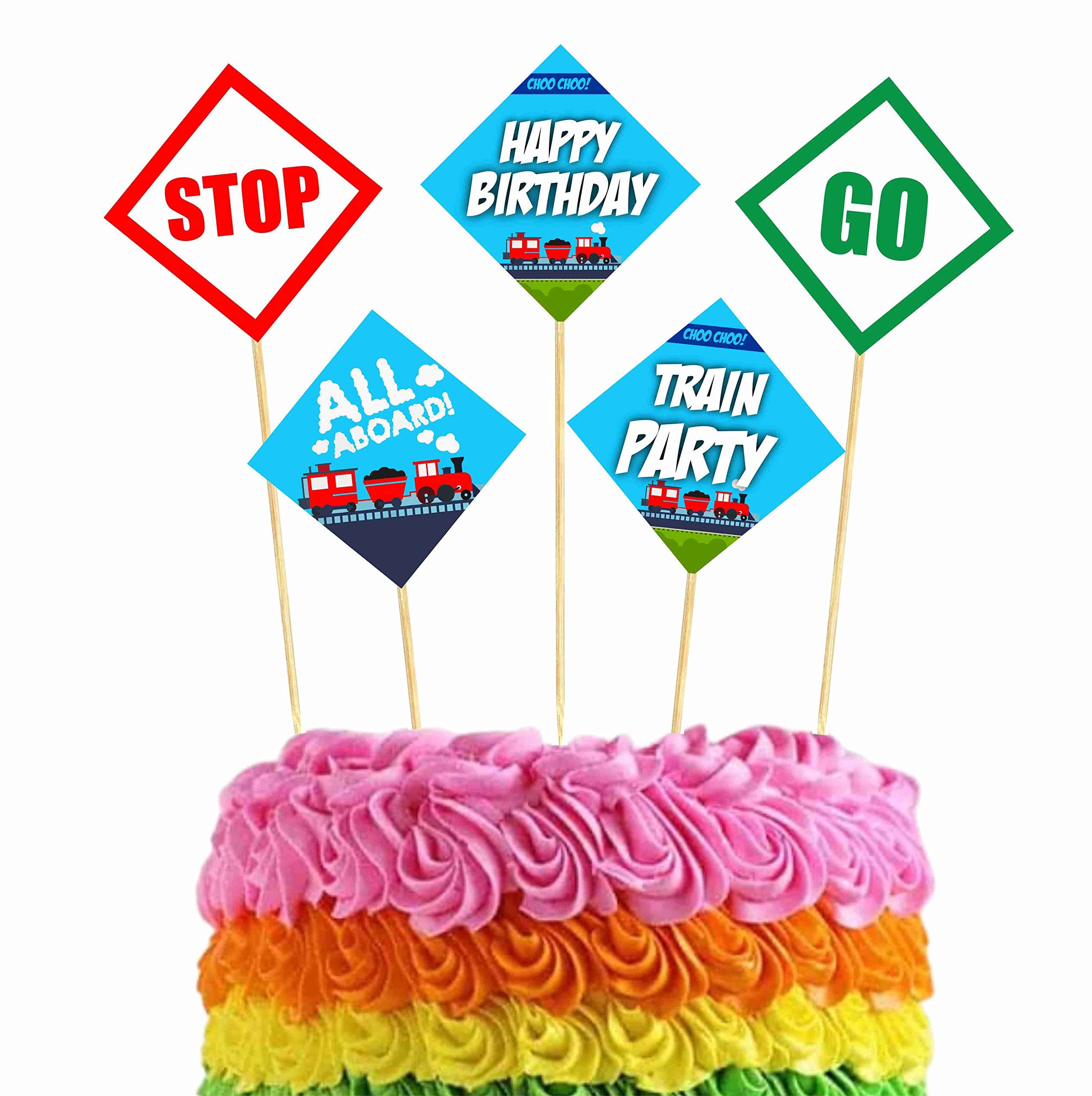 Balloonistics Train Birthday Theme Cake Topper Premium Cardstock Decorations with Bamboo Sticks Steam Engine Rail Birthday Party Supplies for Kids (Cake Topper - Pack of 10)