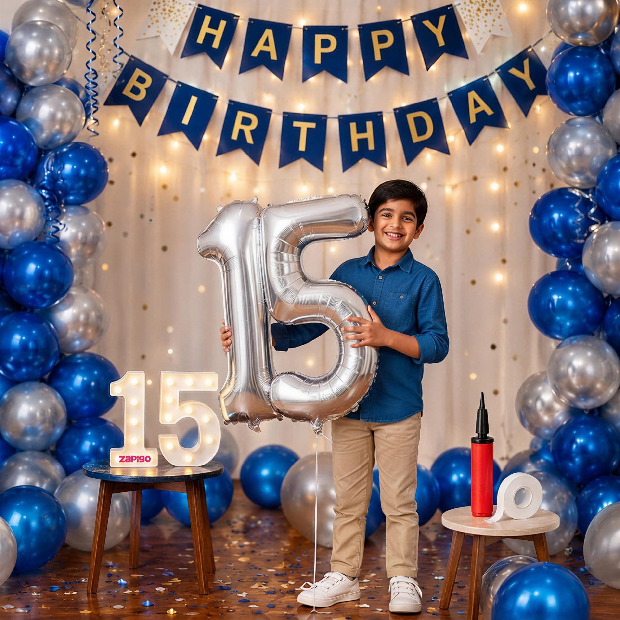 Balloonistics 15th Birthday Decoration Combo Kit - 40 Inch Silver Foil Number Balloon, LED Marquee Light, 50 Silver & Blue Balloons, Happy Birthday Banner, Balloon Pump & Glue Dots thumbnail 1