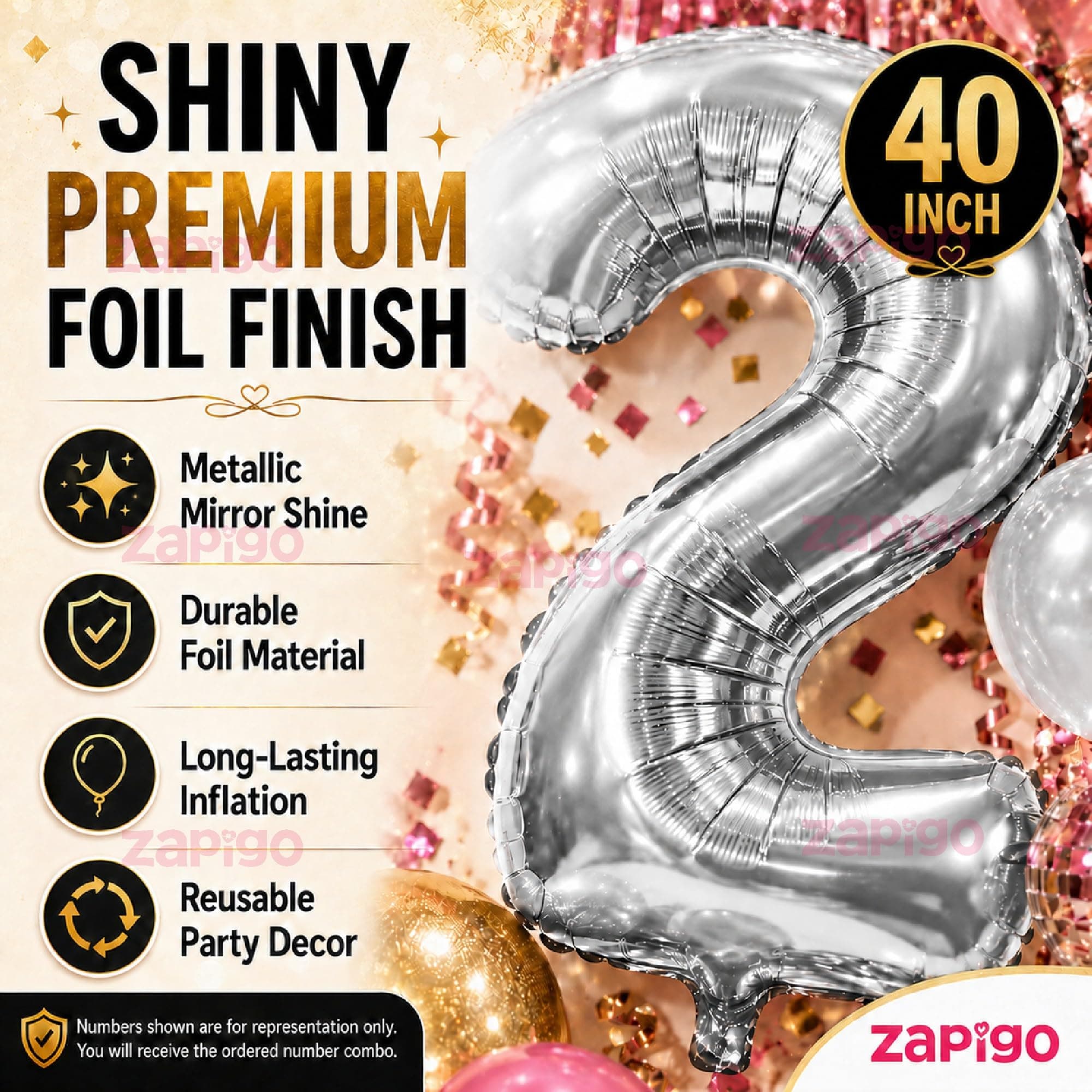 Balloonistics Silver 40-Inch Foil Number 9 Balloon - Helium or Air Fill for 9th Birthday, Anniversary, New Year Party Decoration, Photo Booth Backdrop, Cake Table Decor thumbnail 2