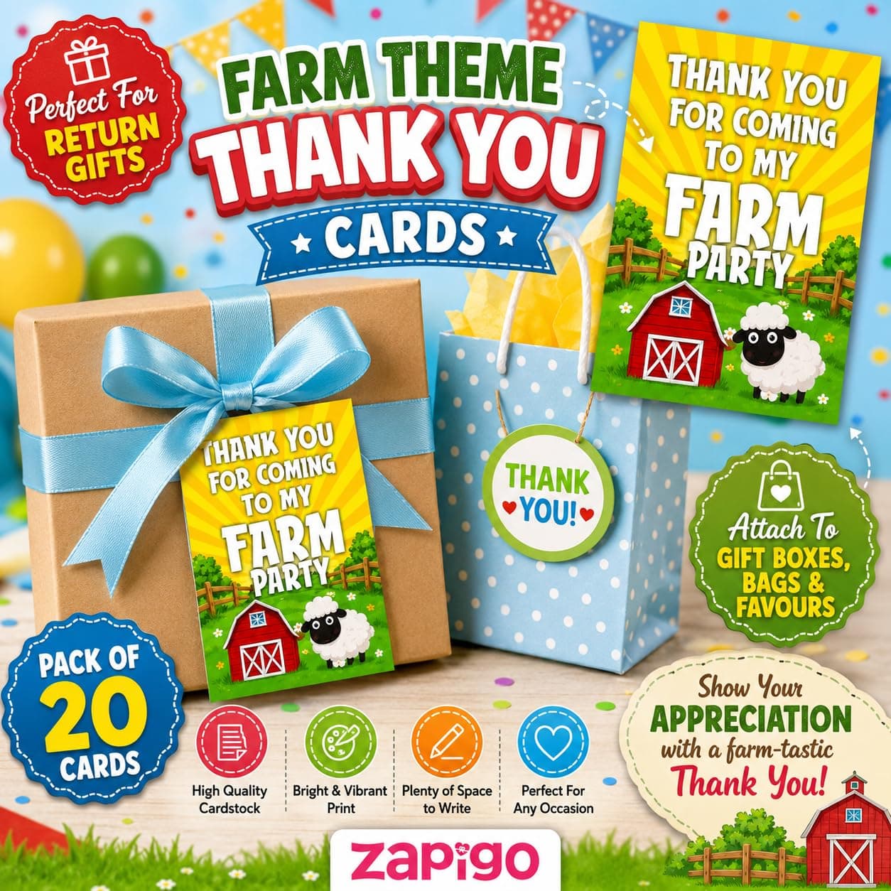 Balloonistics Farm Theme Thank You Cards - Pack of 20 Barnyard Party Note Cards - Premium Cardstock "Thanks for Mooving by My Birthday" Stationery, Rustic Red Tractor & Cow Gratitude Cards (Thank you Cards - Pack of 20) thumbnail 2
