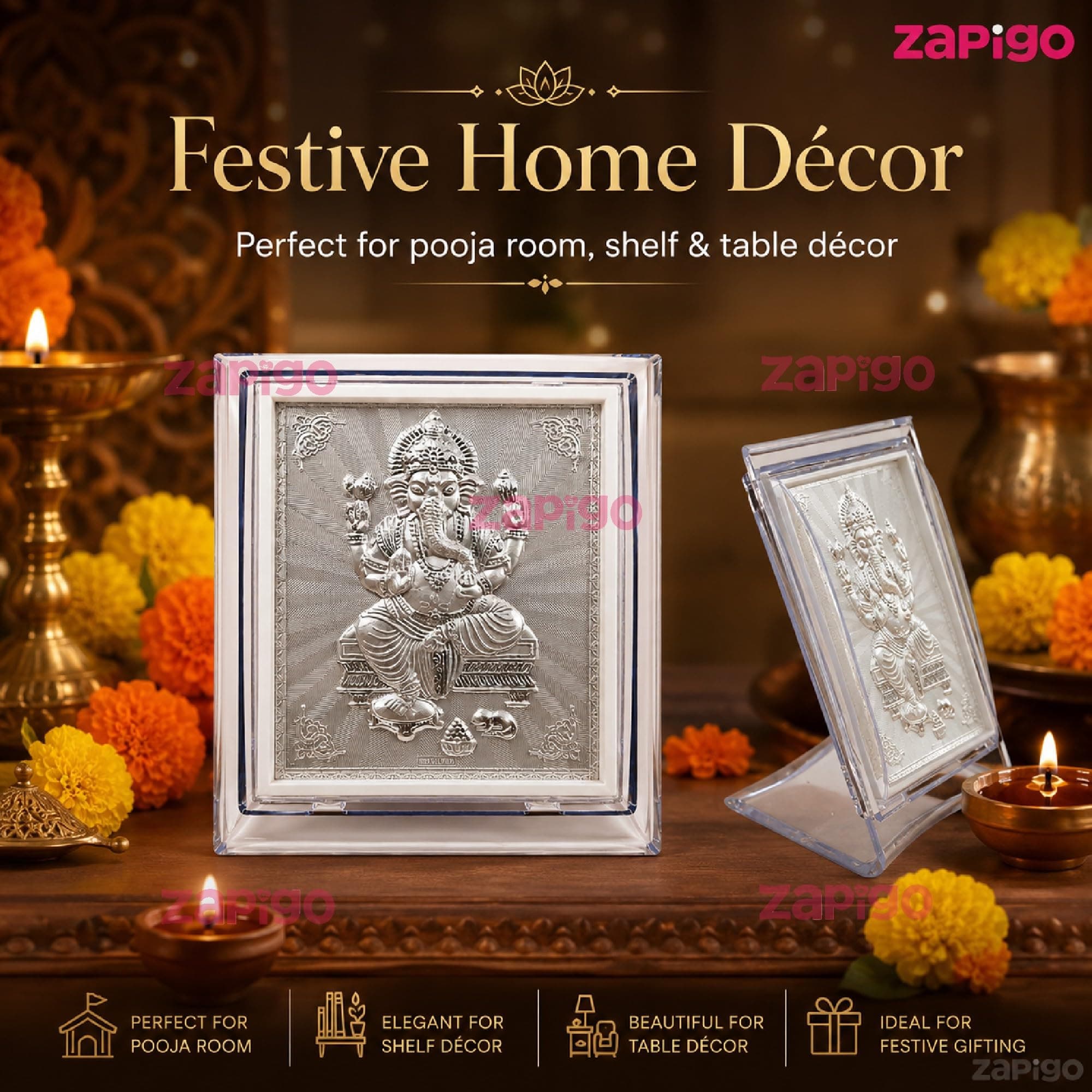 Habba Ganesha Frame Pooja Return Gift Combo for Women, Silver-Finish Vinayaka Acrylic Frame with Stand, Traditional Haldi Kumkum Tambulam Hamper for Ganesh Chaturthi, Gruhapravesam, Pack of 10 thumbnail 3