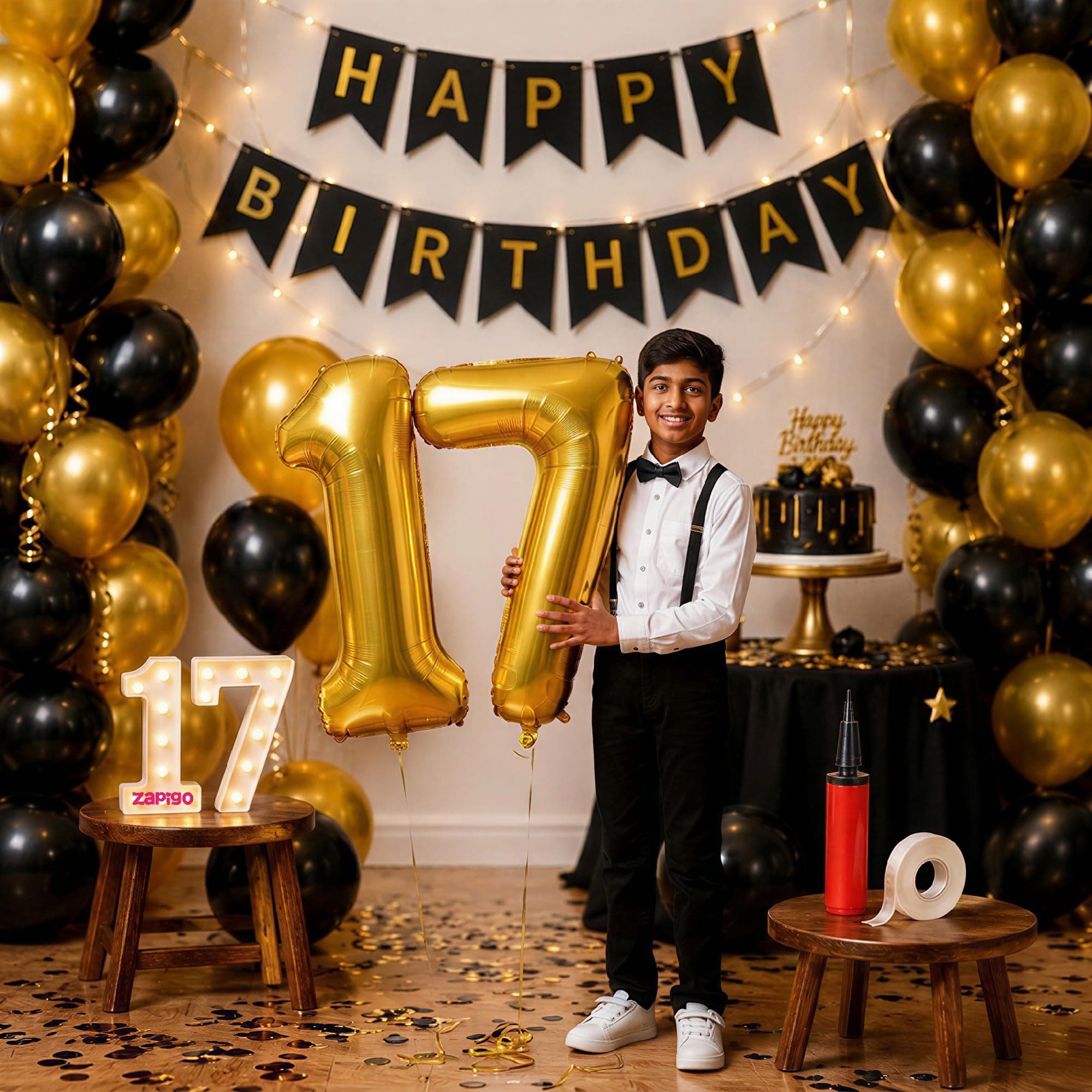 Balloonistics 17th Birthday Decoration Combo Kit - 40 Inch Gold Foil Number Balloon, LED Marquee Light, 50 Black & Gold Balloons, Happy Birthday Banner, Balloon Pump & Glue Dots thumbnail 1
