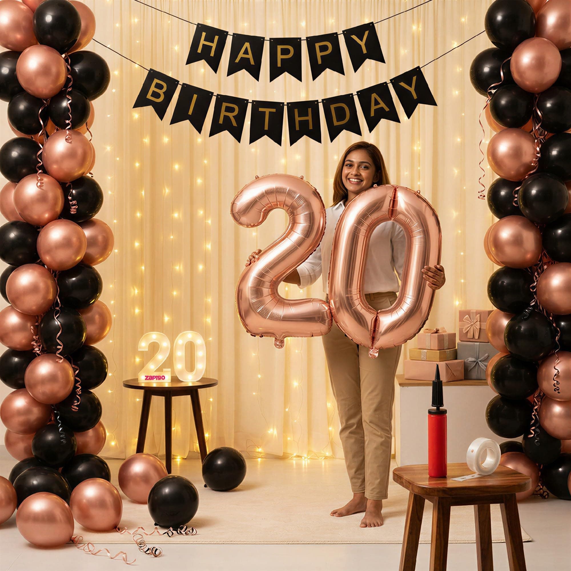 Balloonistics 20th Birthday Decoration Combo Kit - 40 Inch Rose Gold Foil Number Balloon, LED Marquee Light, 50 Rose Gold & Black Balloons, Happy Birthday Banner, Balloon Pump & Glue Dots