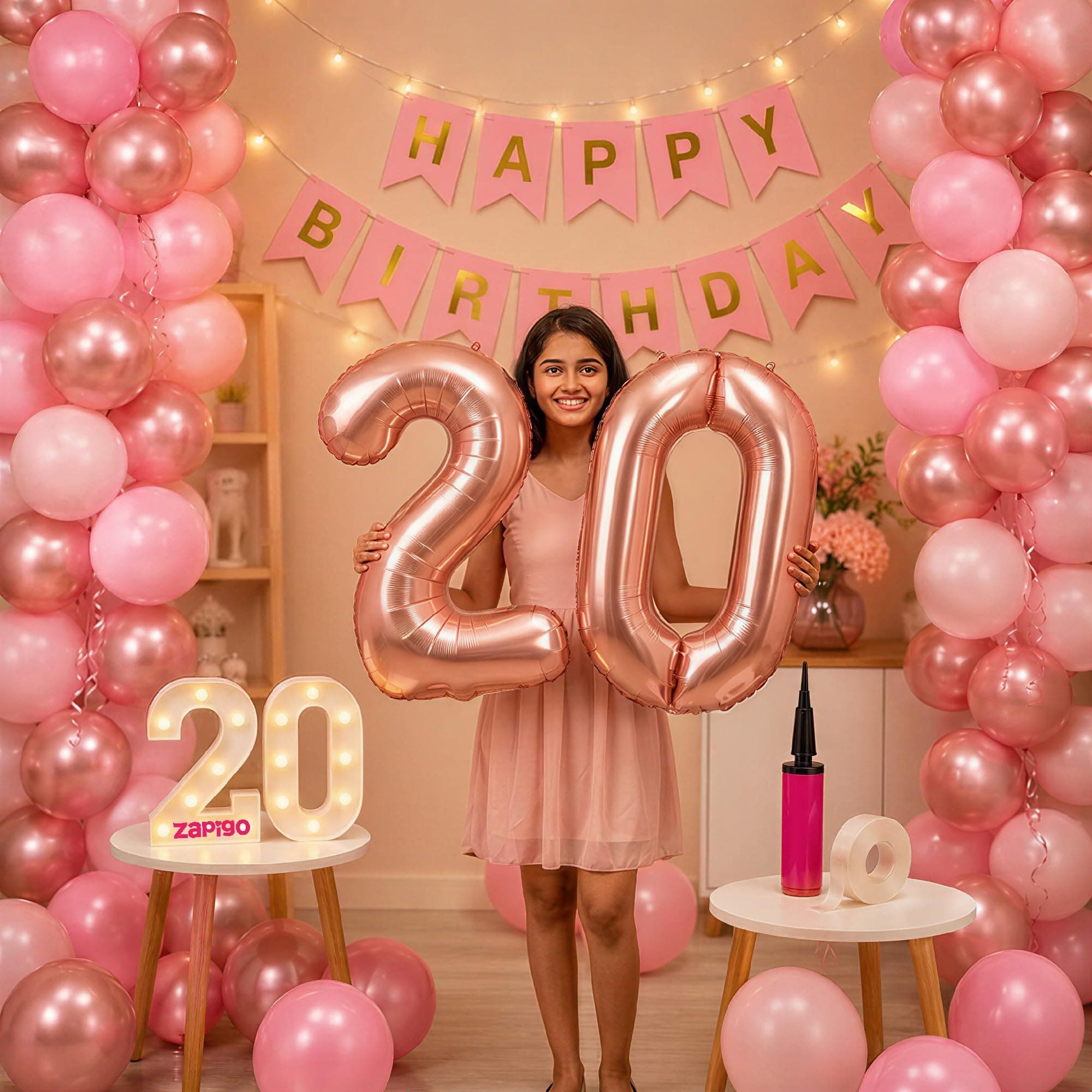 Balloonistics 20th Birthday Decoration Combo Kit - 40 Inch Rose Gold Foil Number Balloon, LED Marquee Light, 50 Rose Gold & Pink Balloons, Happy Birthday Banner, Balloon Pump & Glue Dots thumbnail 1