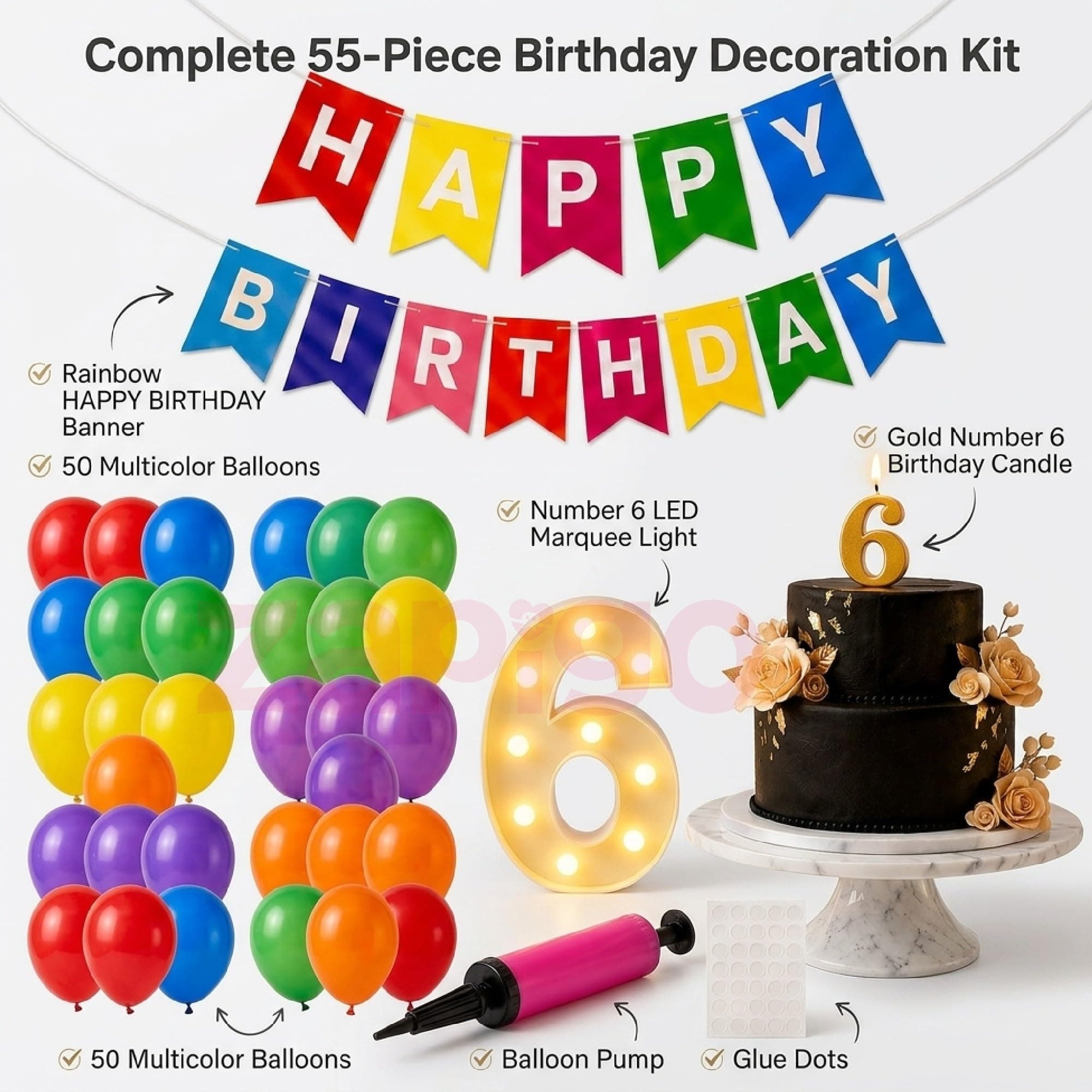 Balloonistics 55-Piece 6th Birthday Decoration Kit – Number 6 Foil Balloon, Happy Birthday Banner, Latex Balloons & Arch Tools for Party Room Decor, Balloon Arch, Photo Backdrop thumbnail 6