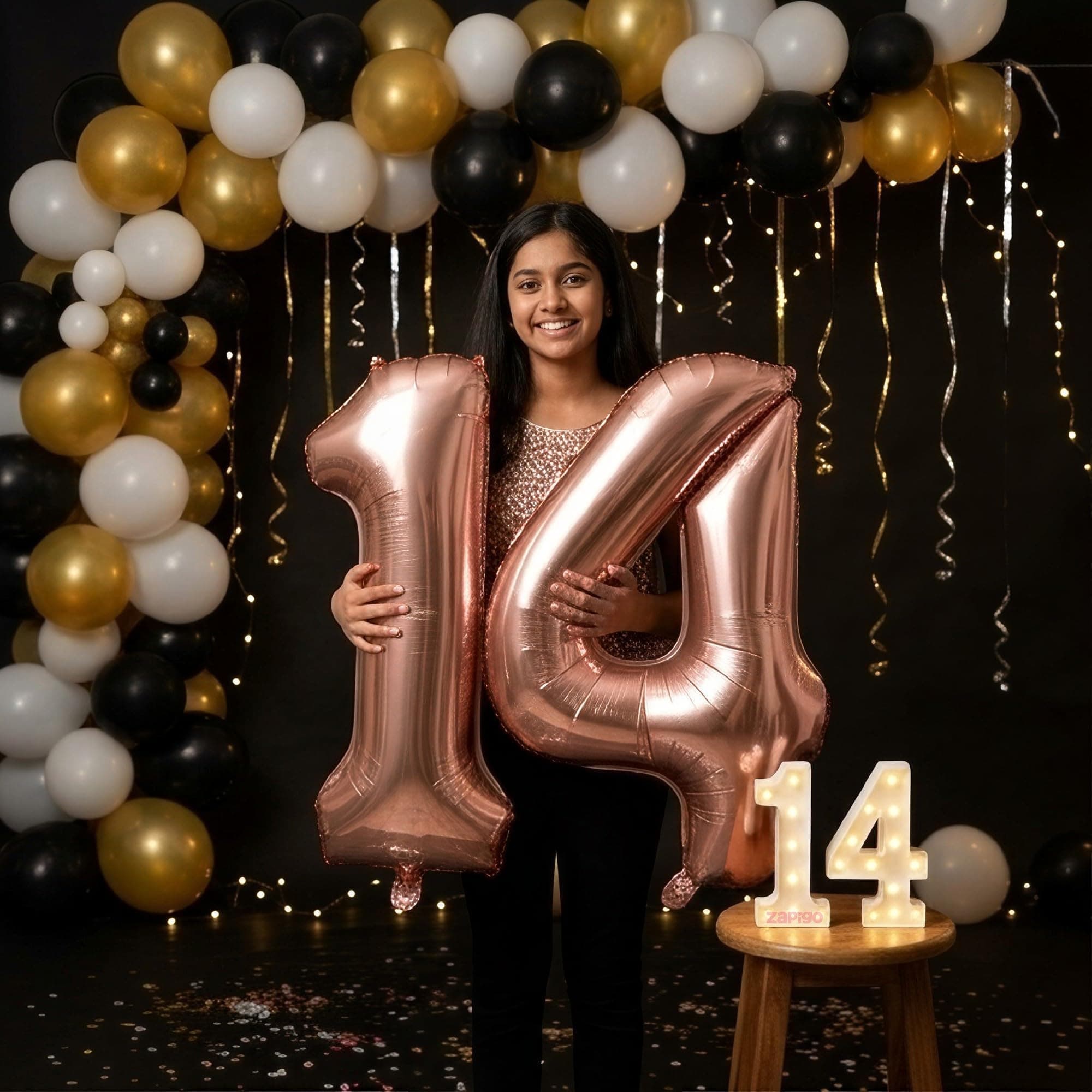 Balloonistics Rose Gold 40-Inch Foil Number 14 Balloon with Matching LED Marquee Light - Combo Set for 14th Birthday, Anniversary, Party Decoration, Photo Booth Backdrop thumbnail 1
