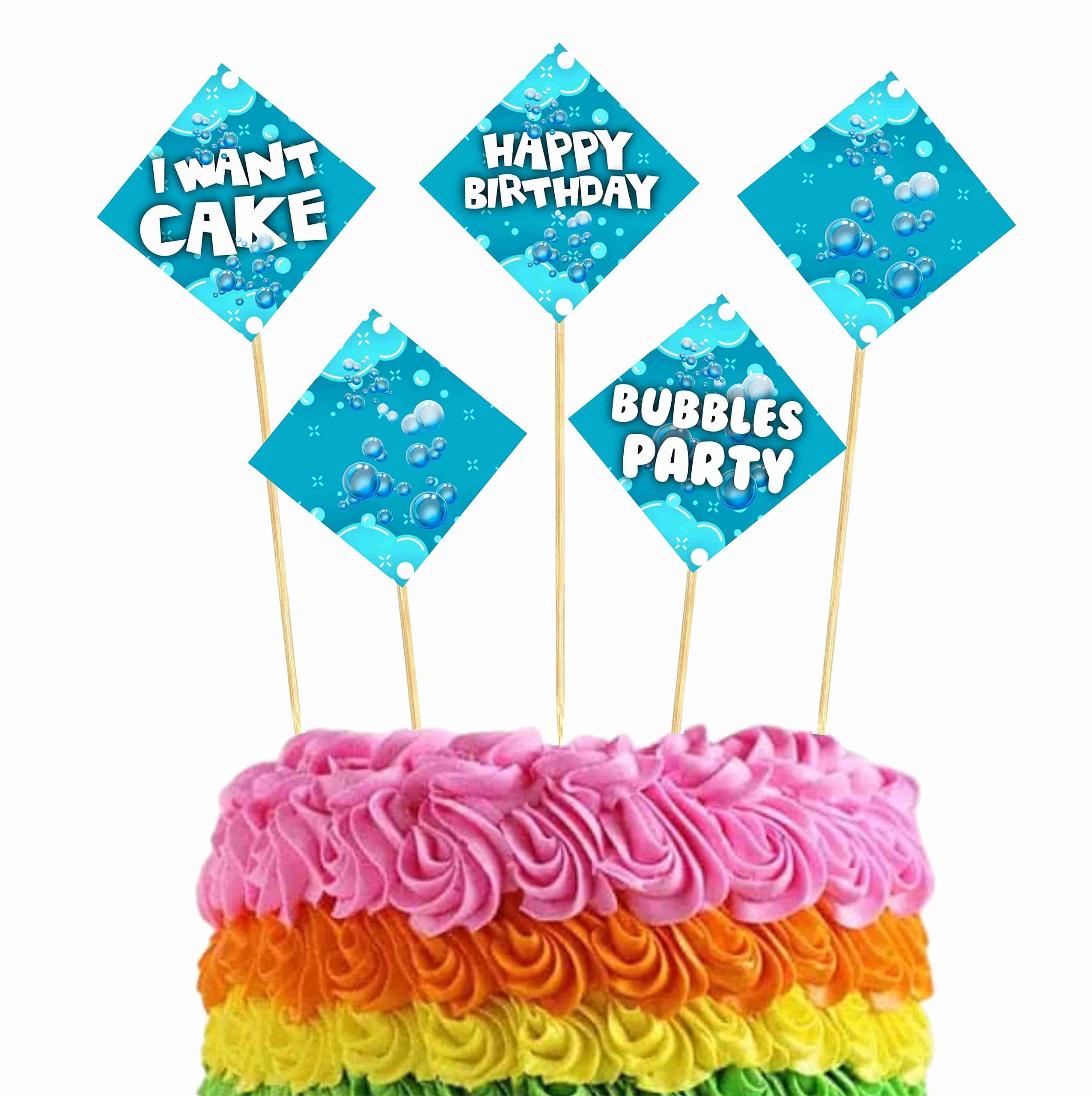 Balloonistics Bubble Theme Cake Topper - "Let’s Pop" Birthday Cake Decoration - Premium Cardstock Double-Sided Iridescent Bubble & Blue Sky Centerpiece, Whimsical Bubbly Party Dessert Decor (Cake Topper - Pack of 10)