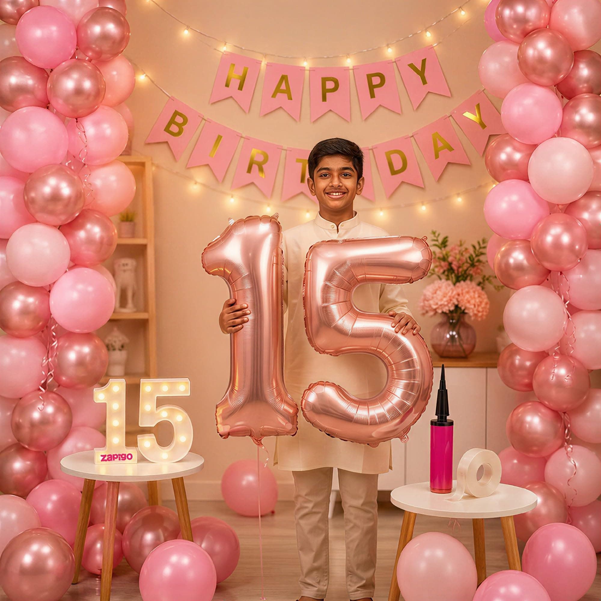 Balloonistics 15th Birthday Decoration Combo Kit - 40 Inch Rose Gold Foil Number Balloon, LED Marquee Light, 50 Rose Gold & Pink Balloons, Happy Birthday Banner, Balloon Pump & Glue Dots thumbnail 1