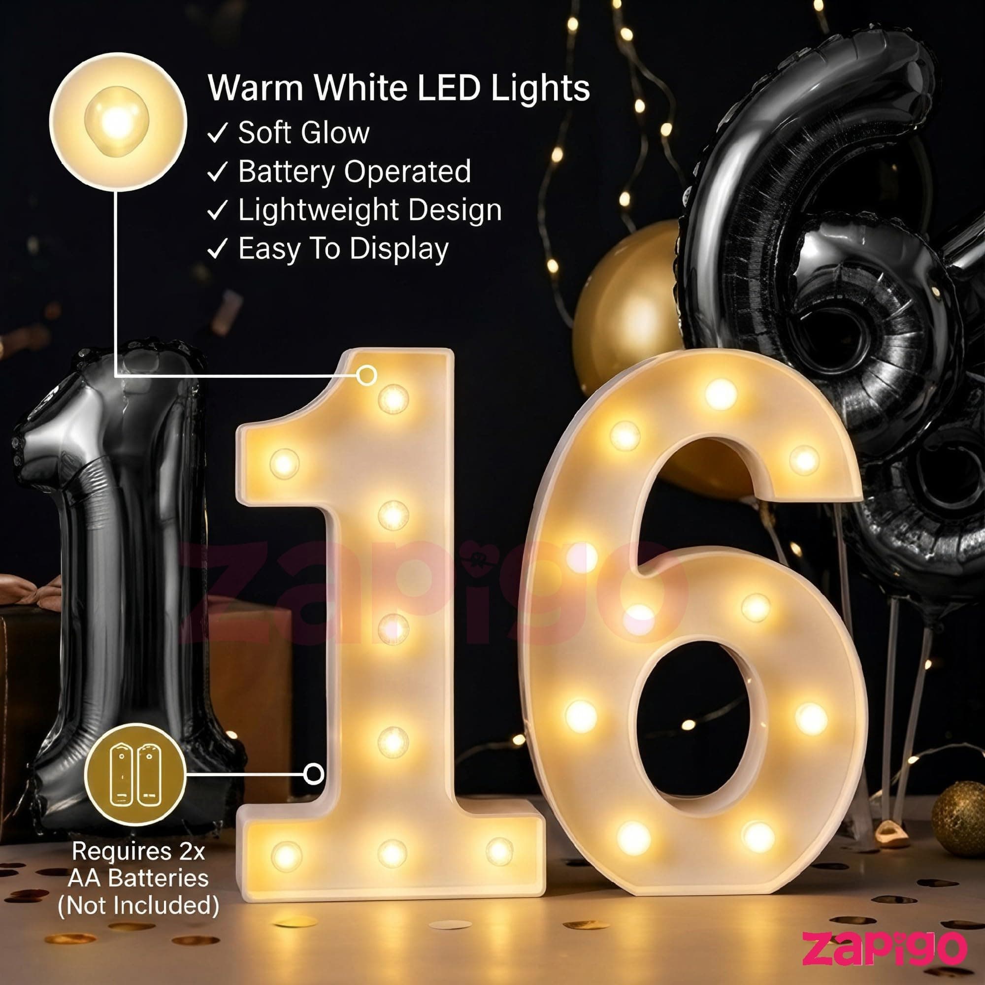 Balloonistics Black 40-Inch Foil Number 18 Balloon with Matching LED Marquee Light - Combo Set for 18th Birthday, Anniversary, Party Decoration, Photo Booth Backdrop thumbnail 6