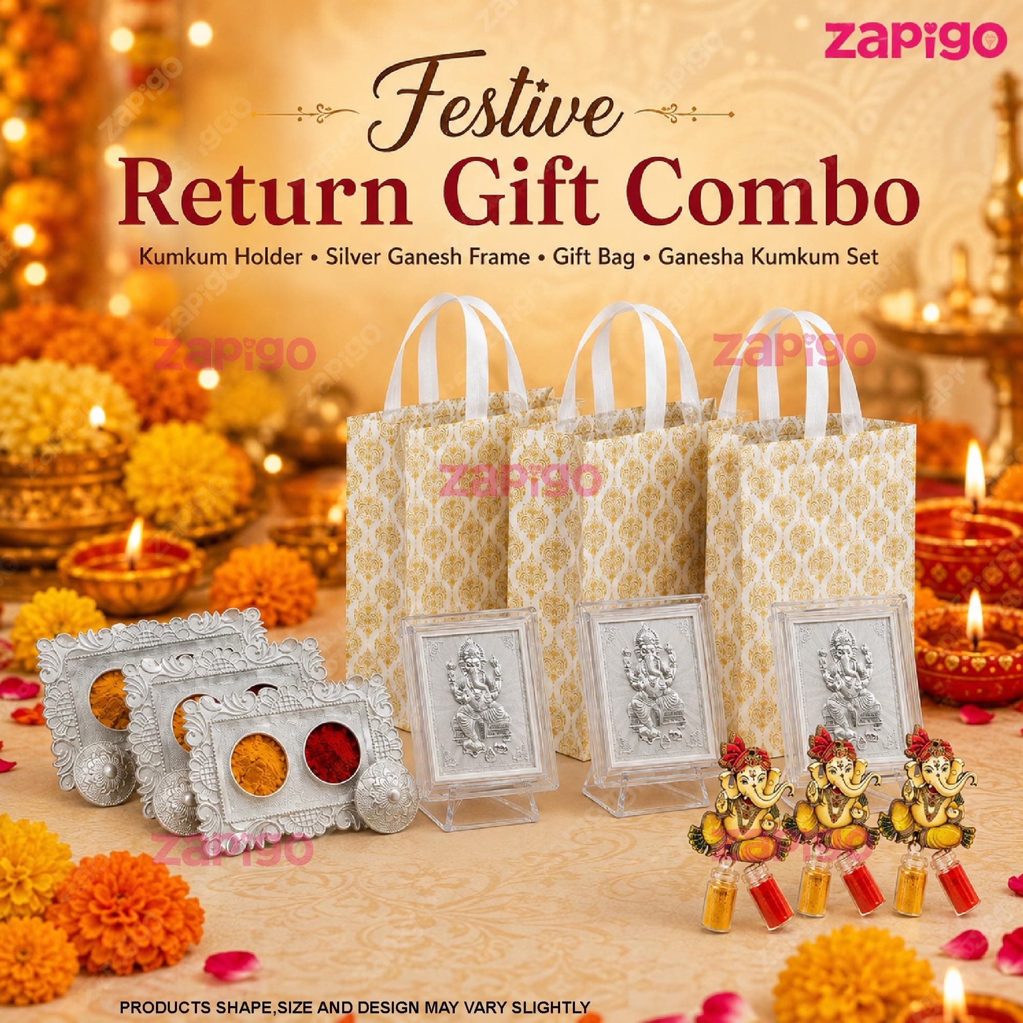 Habba Ganesha Frame Pooja Return Gift Combo for Women, Ganesha Kumkum, Kumkum Set, Carry Bag, Traditional Haldi Kumkum Tambulam Hamper for Ganesh Chaturthi, Weddings, Festivals, Pack of 5 thumbnail 2