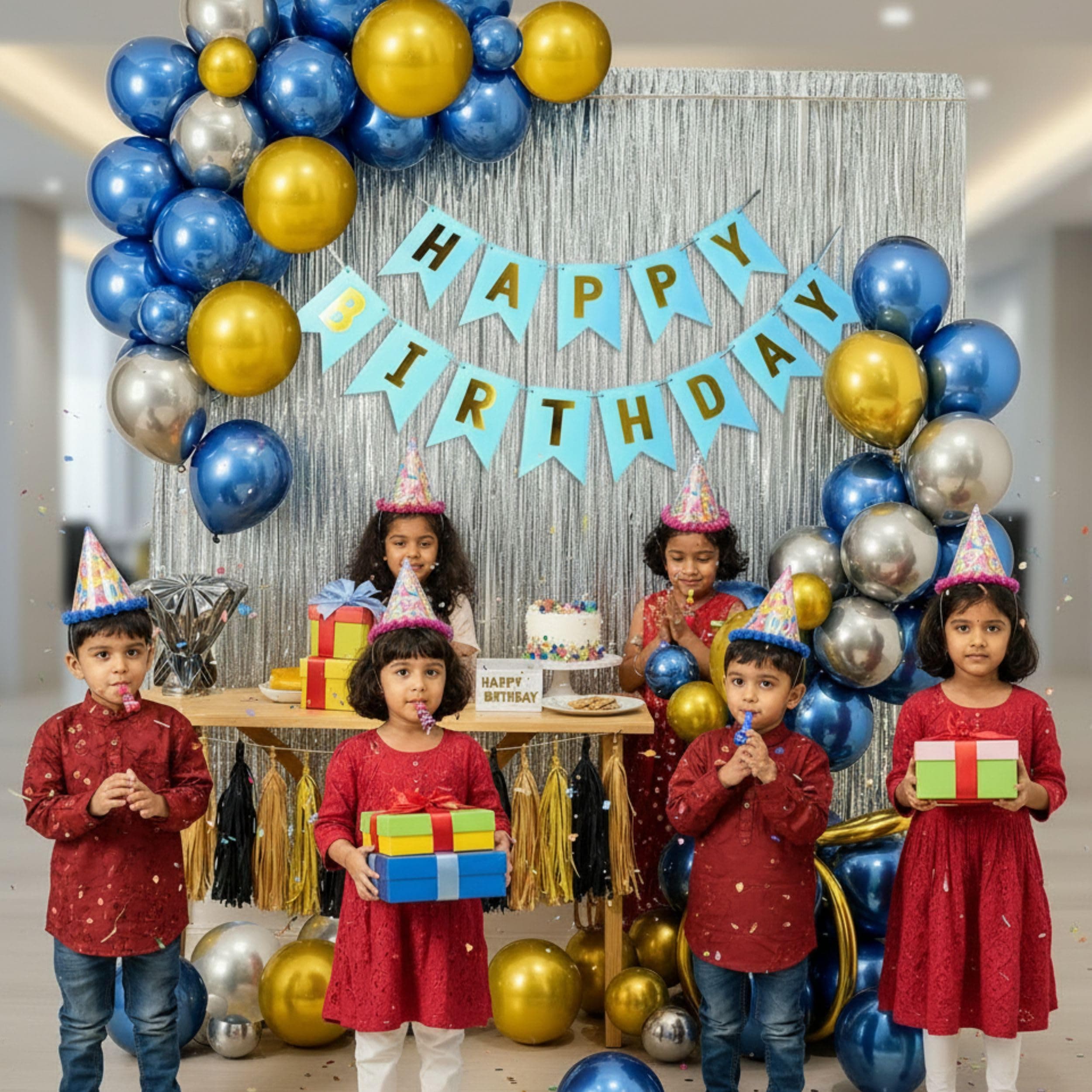 Balloonistics 53 Pcs Vibrant Multicolour Birthday Decoration Kit for Boys & Girls – Happy Birthday Banner, Silver Foil Curtain, Balloons & Arch Strip thumbnail 2