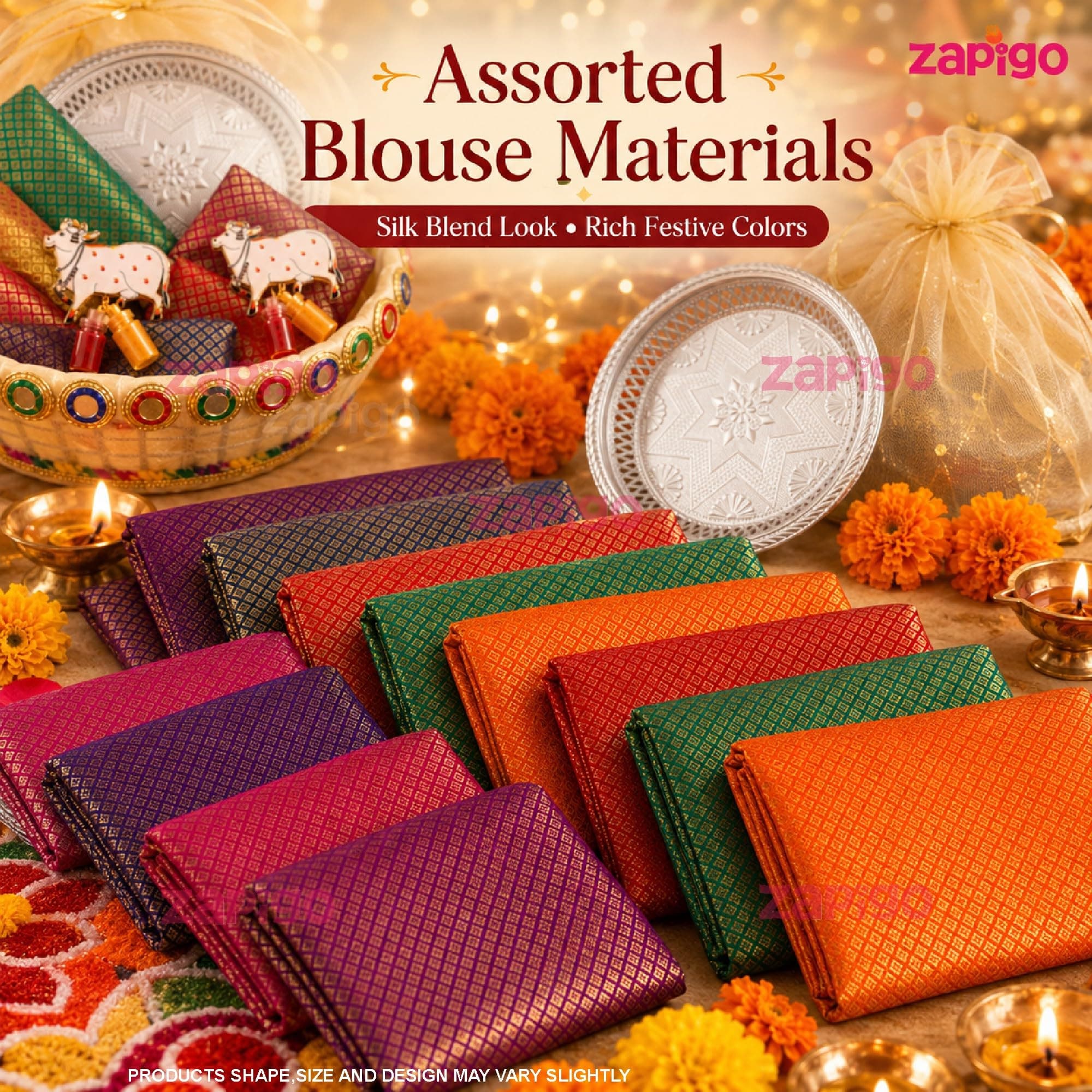 Habba Fruits Basket, Silver Plate, Cow Kumkum & Blouse Piece Pooja Return Gift Combo for Women, Traditional Haldi Kumkum Tambulam Hamper for Weddings, Varalakshmi Vratham, Festivals, Pack of 5 thumbnail 5